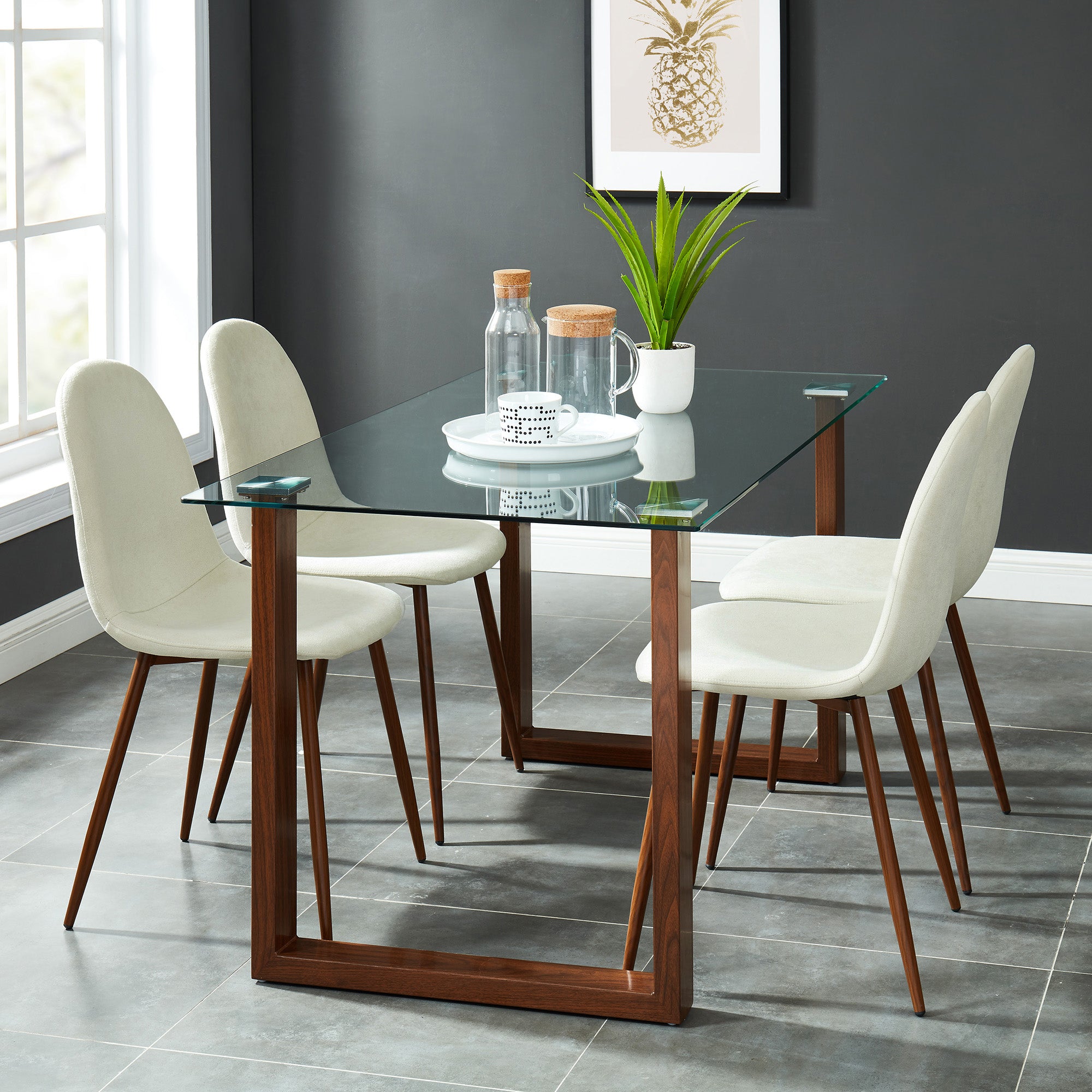 FRANCO 55" WALNUT & GLASS DINING TABLE / LYNA BEIGE CHAIRS - 5PC DINING SET