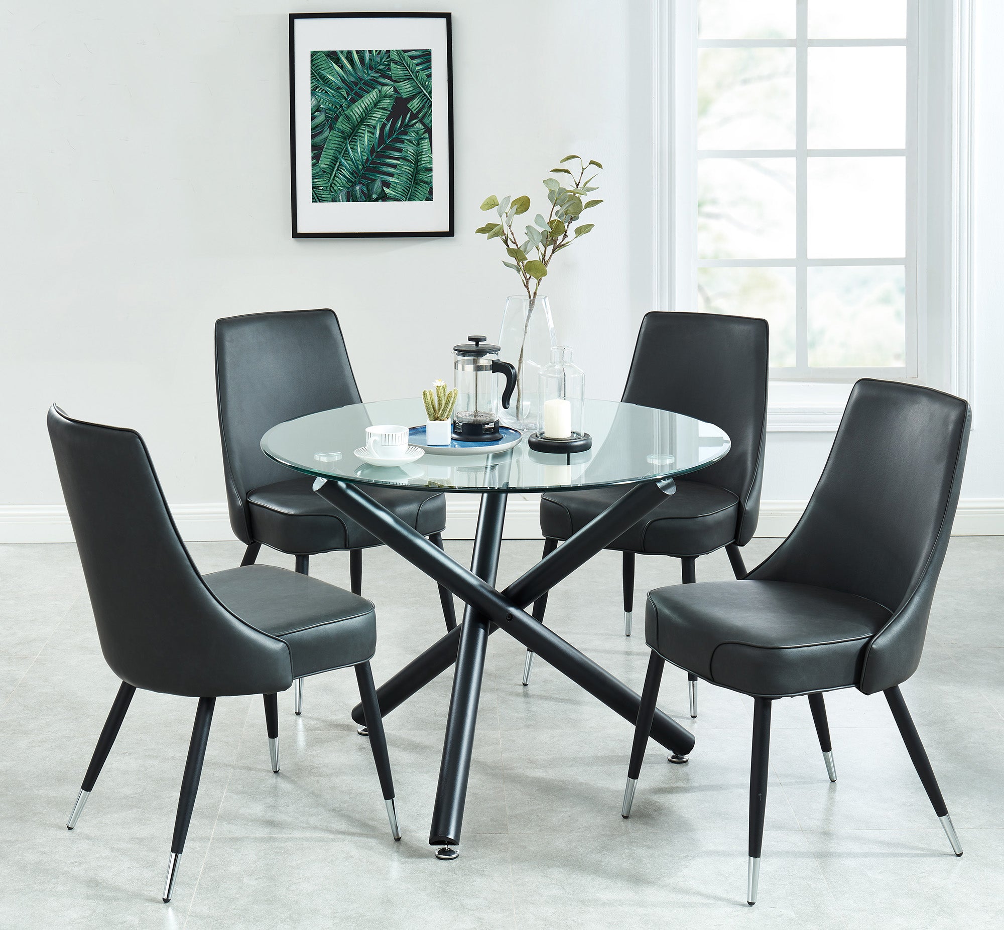 SUZETTE-DINING TABLE, 40"dia-BLACK / SILVANO GREY CHAIRS -5C DINING SET