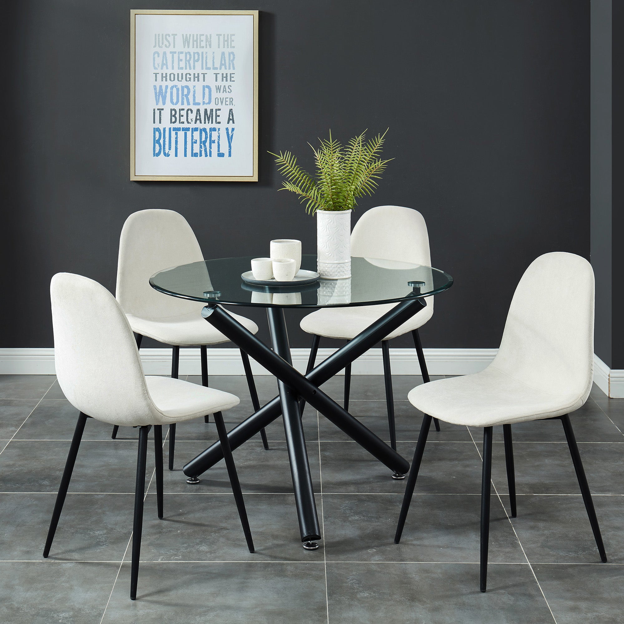SUZETTE-DINING TABLE, 40"dia-BLACK / OLLY BEIGE CHAIRS-5PC DINING SET