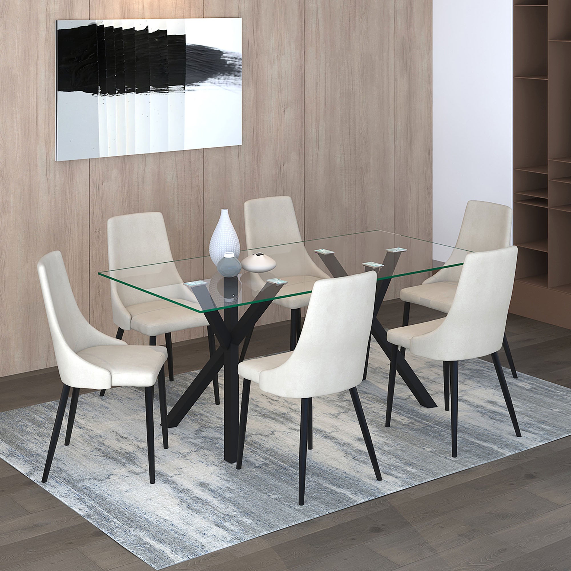 STARK 71" GLASS DINING TABLE BLACK / VENICE BEIGE CHAIRS -7PC DINING SET