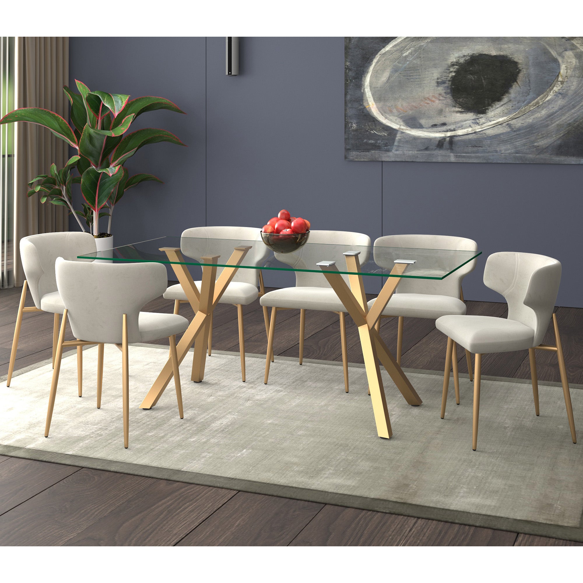 STARK 71" GLASS DINING TABLE GOLD  /AKIRA GREY CHAIRS - 7PC DINING SET