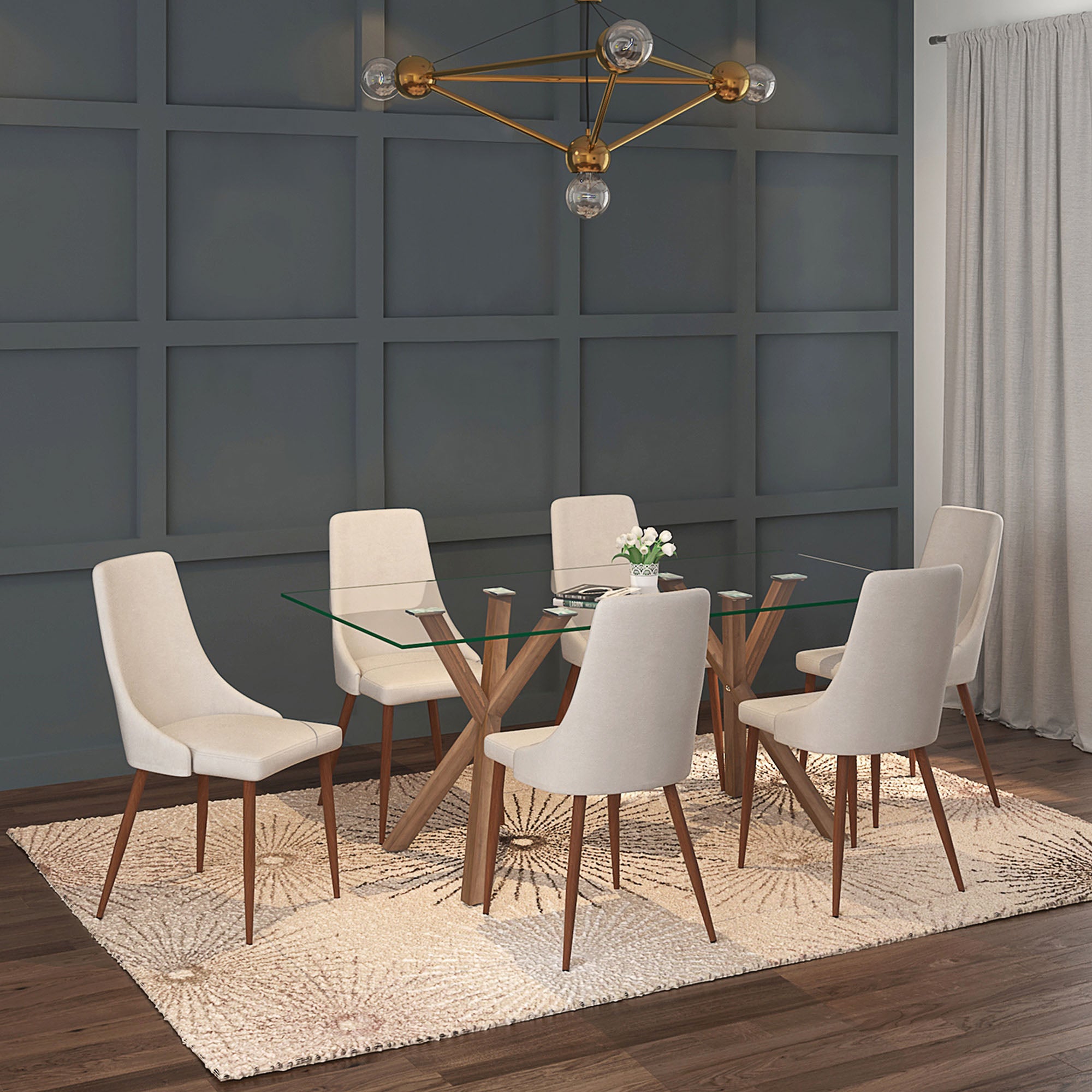 STARK 71" GLASS DINING TABLE WALNUT / CORA BEIGE CHAIRS -7PC DINING SET