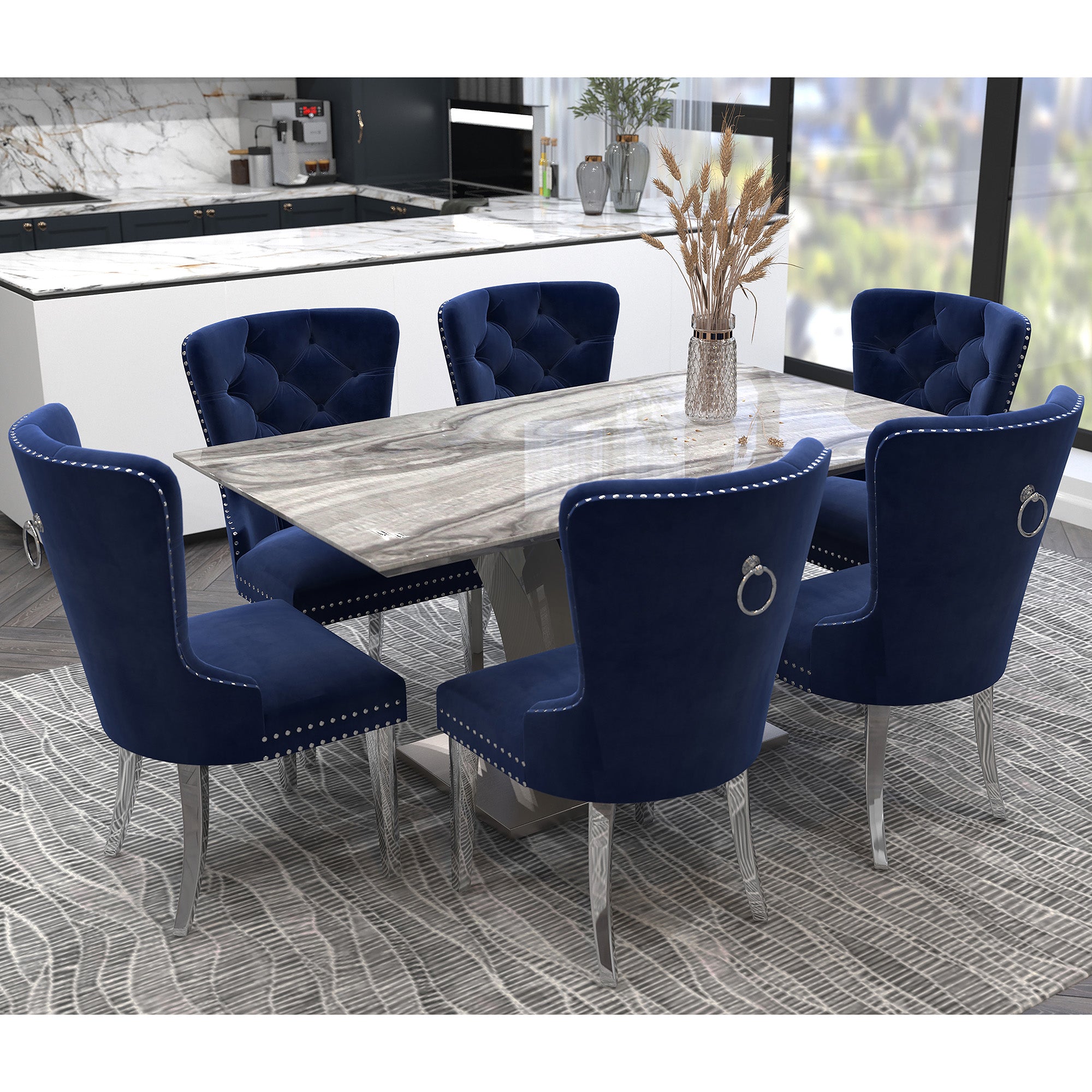 NAPOLI 63" GREY DINING TABLE / HOLLIS NAVY CHAIRS - 7PC DINING SET