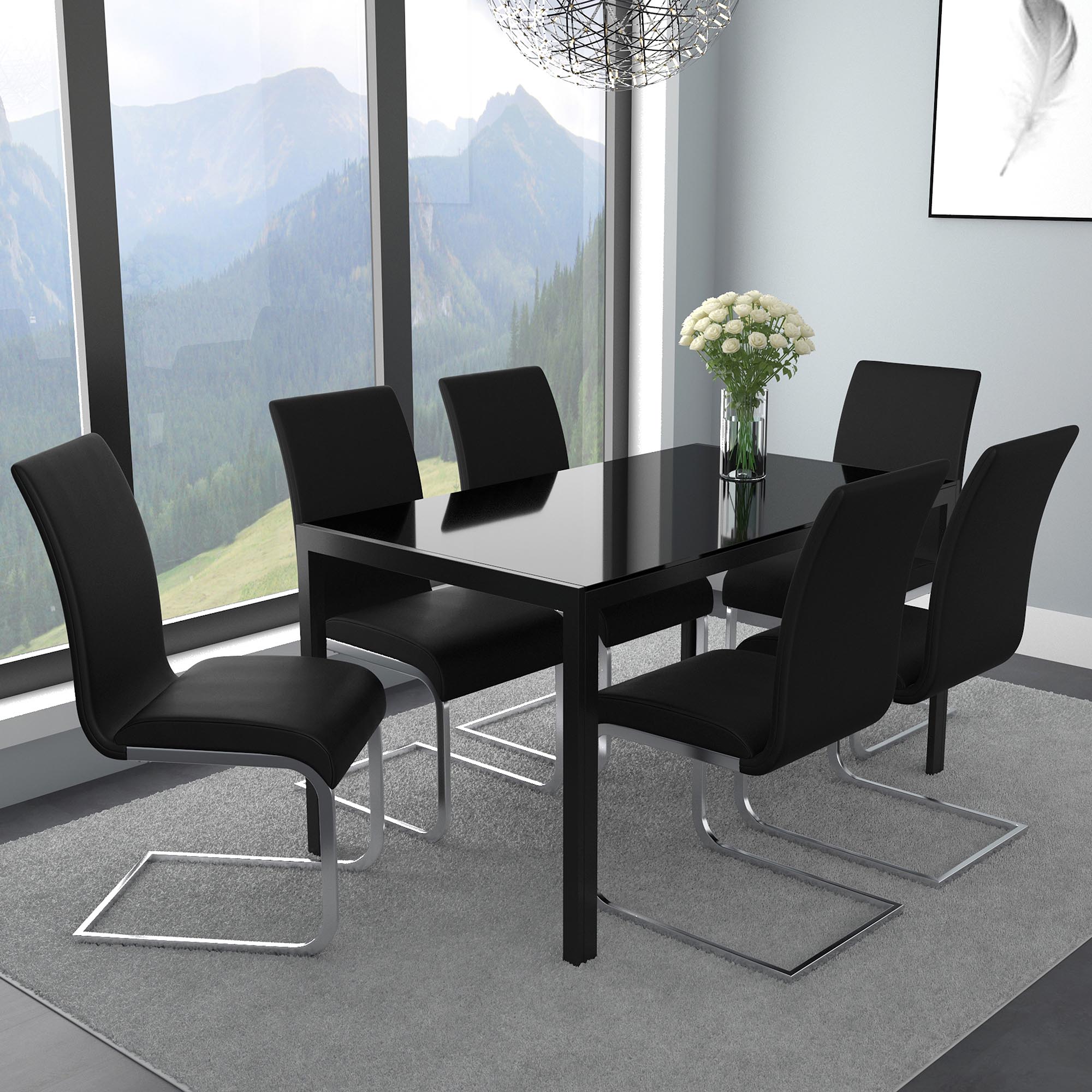 CONTRA 55" BLACK GLASS TABLE / MAXIM BLACK CHAIRS - 7PC DINING SET
