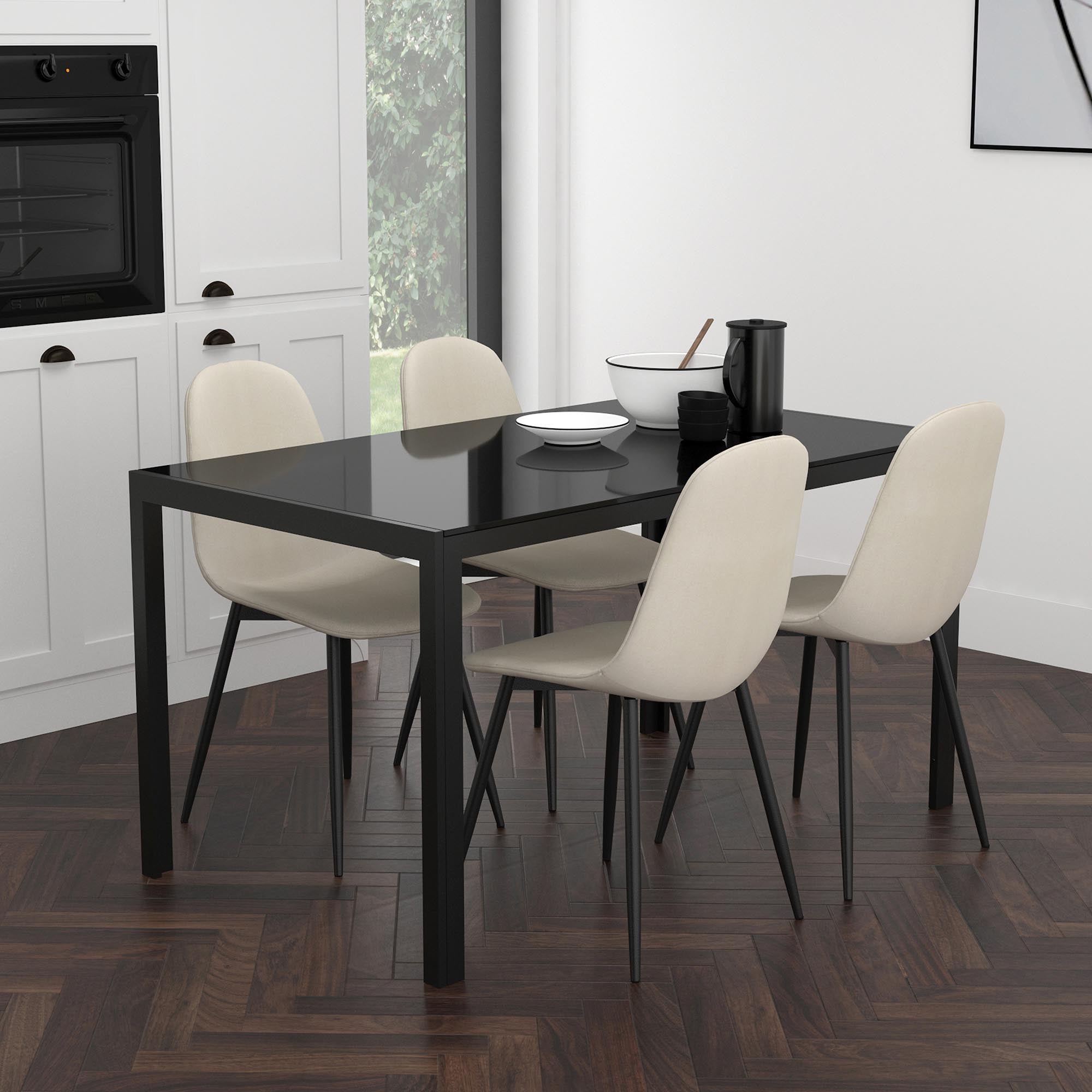 CONTRA 55" BLACK GLASS TABLE / OLLY BEIGE CHAIRS - 5PC DINING SET