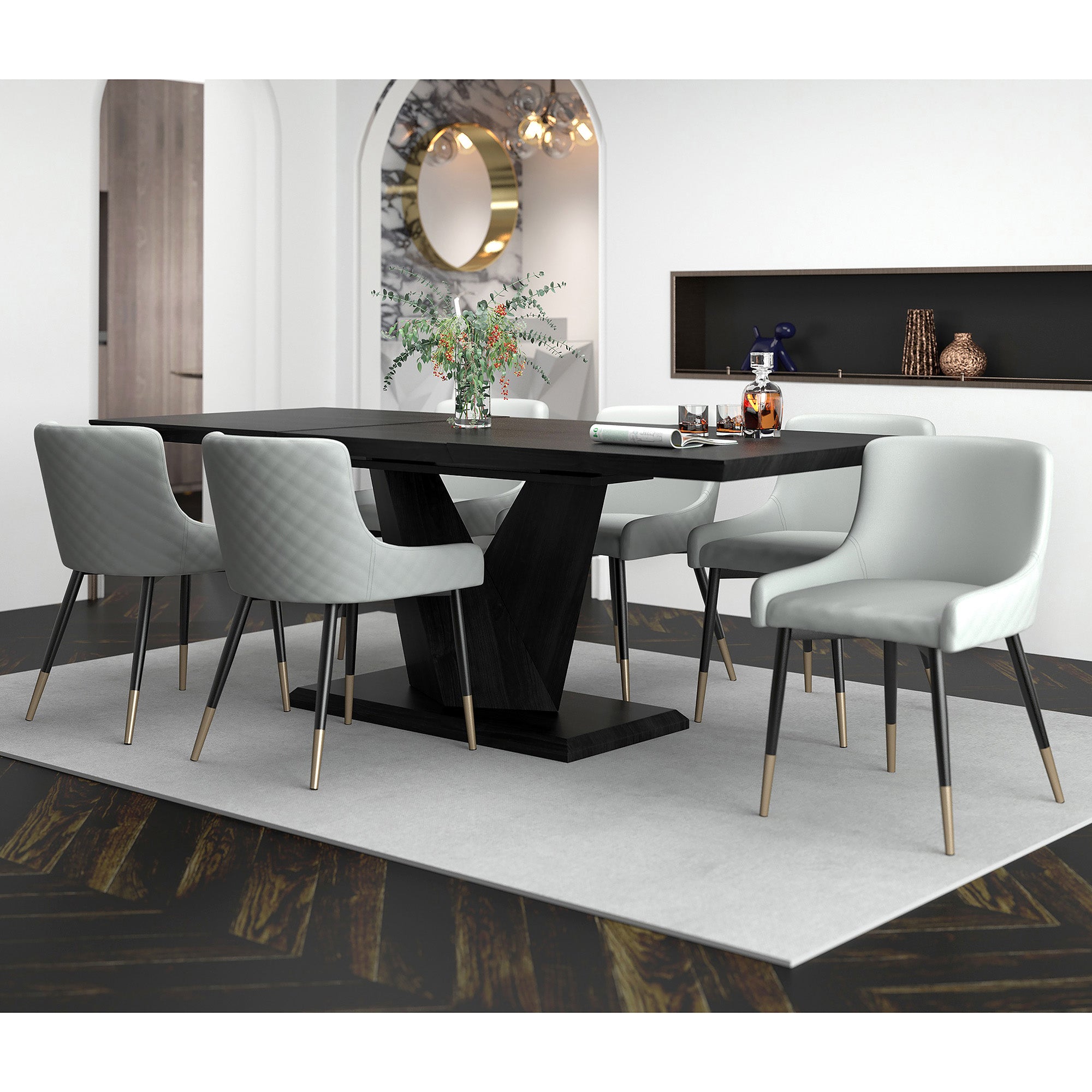 ECLIPSE EXTENSION DINING TABLE BLACK / XANDER LIGHT GREY CHAIRS -7PC DINING SET