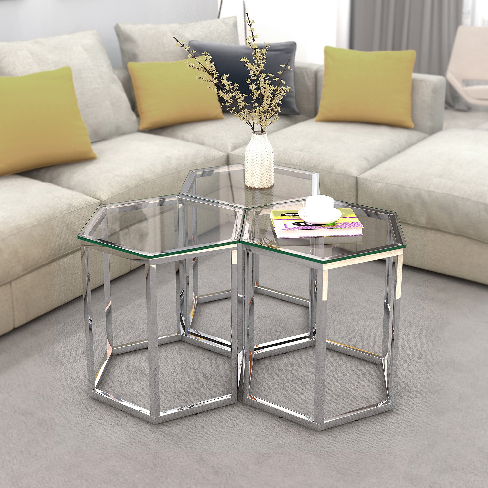 FLEUR-3PC ACCENT TABLE-SILVER