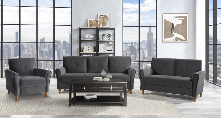 3Pc Sofa Set In Grey Velvet  MZ-049348