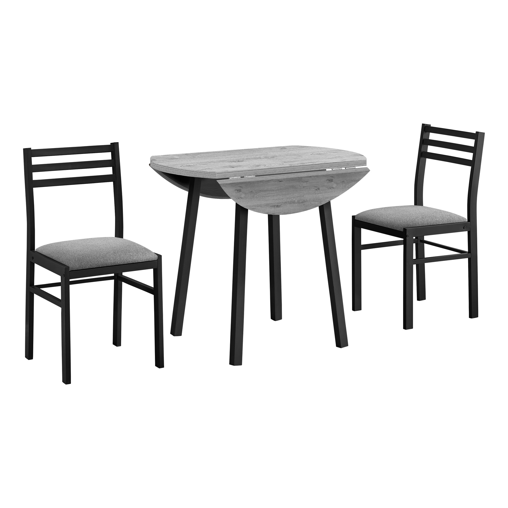 MN-111007    Dining Table Set, 3pcs Set, Small, 35" Drop Leaf, Kitchen, Black Metal, Grey Laminate, Contemporary, Modern