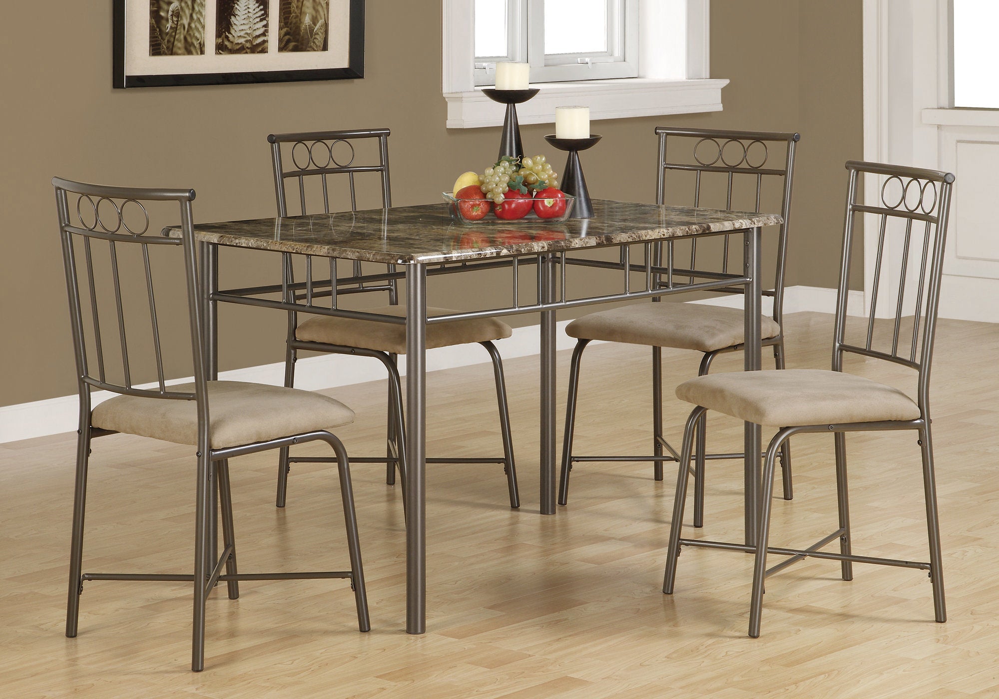 MN-161029    Dining Table Set, 5Pcs Set, Metal, Small, 48" Rectangular, Faux Marble, Kitchen, Metal, Laminate, Brown Marble Look, Bronze, Traditional