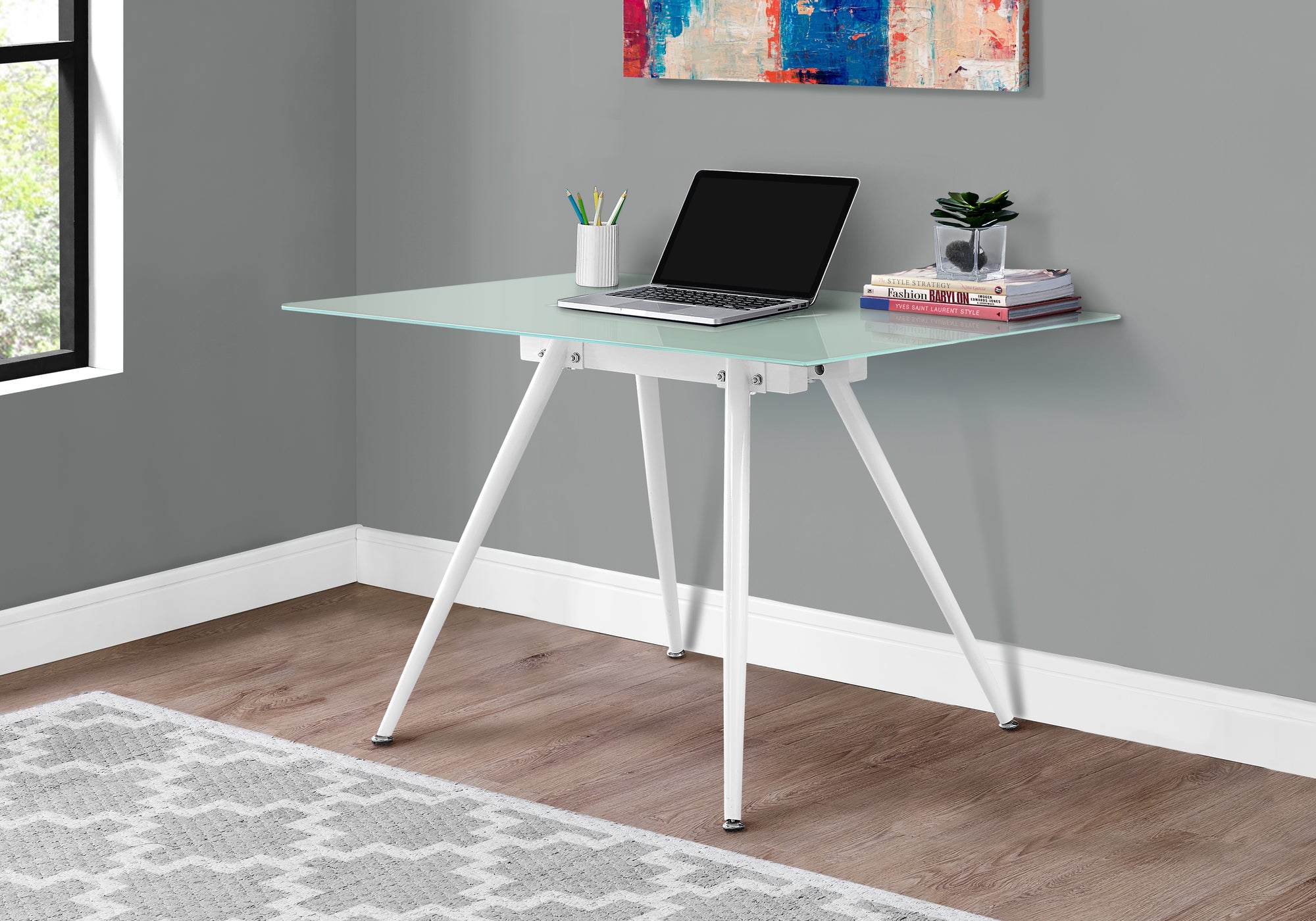 MN-171032    Computer Desk, Home Office, Laptop, Tempered Glass, 48"L, Metal, Tempered Glass, White, Frosted, Contemporary, Modern