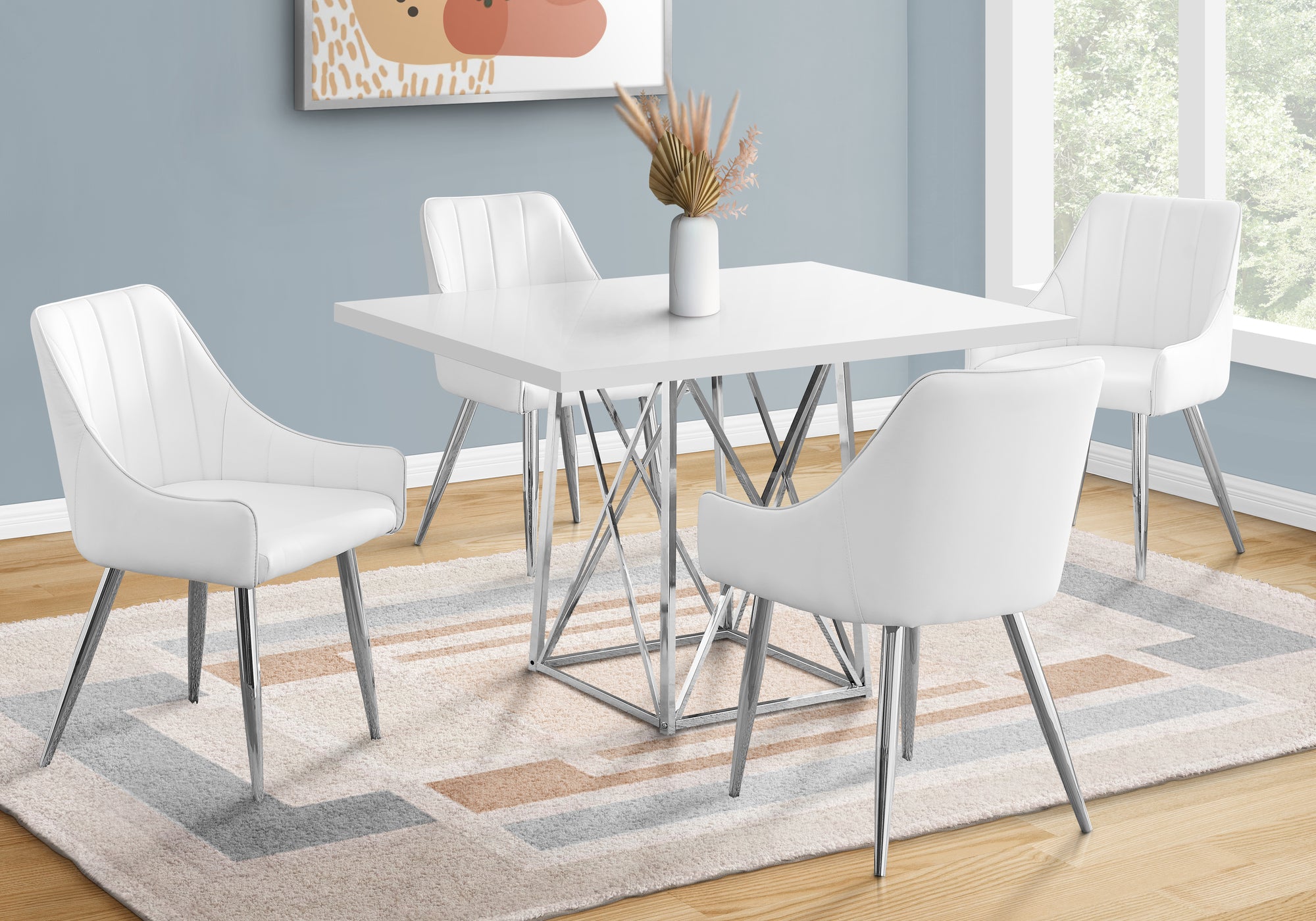 MN-251046    Dining Table, 48" Rectangular, Metal, Kitchen, Dining Room, Metal Base, Laminate, Glossy White, Chrome, Contemporary, Modern