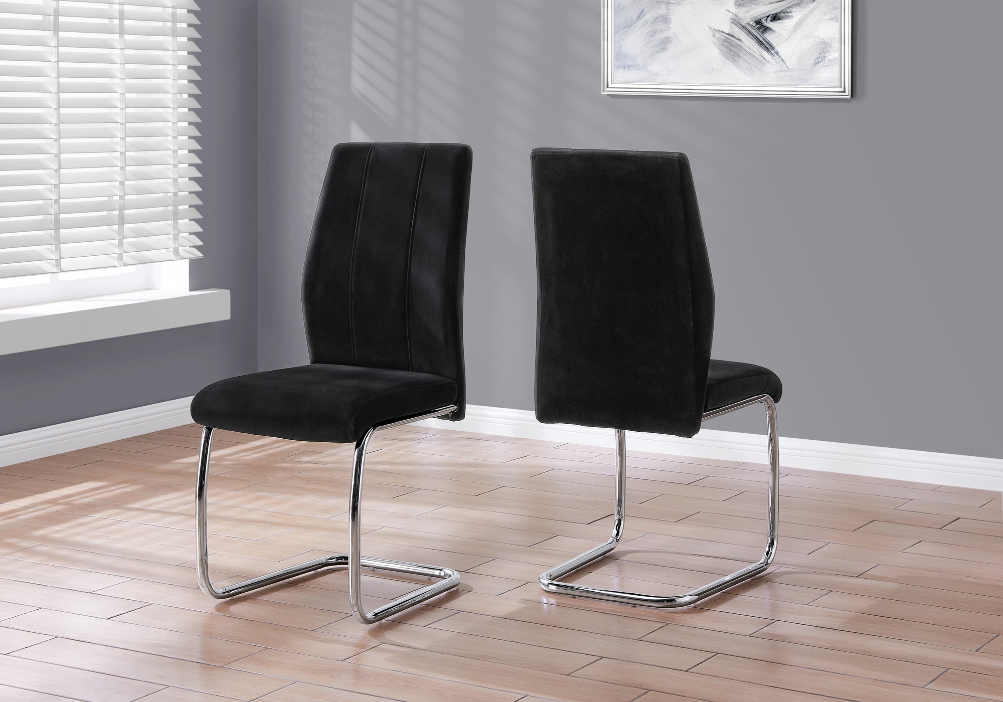 MN-321067    Dining Chair, Set Of 2, Side, Pu Leather-Look, Upholstered, Metal Legs, Kitchen, Dining Room, Velvet, Metal Legs, Black, Chrome, Contemporary, Modern
