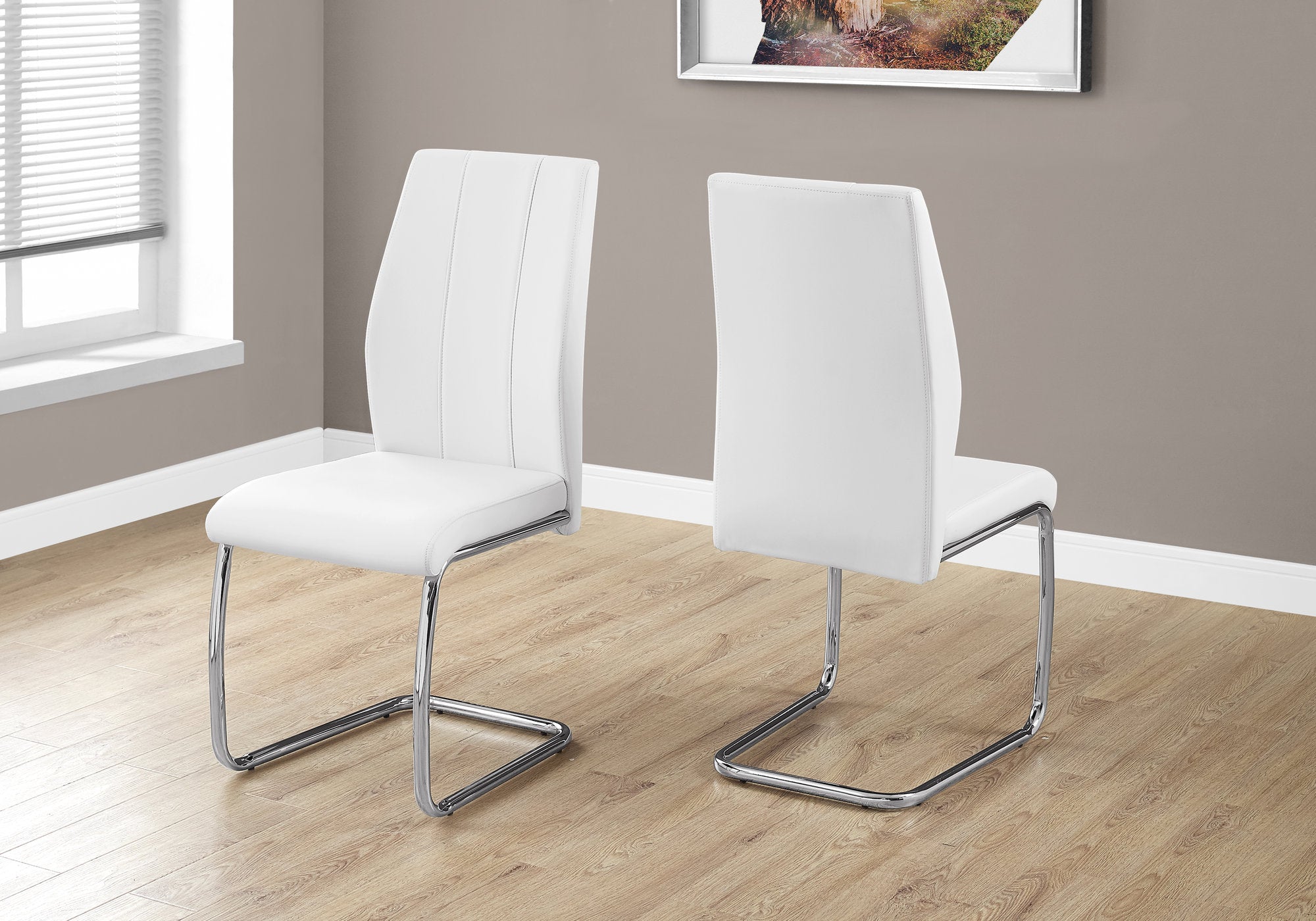 MN-391075    Dining Chair, Set Of 2, Side, Pu Leather-Look, Upholstered, Metal Legs, Kitchen, Dining Room, Velvet, Metal Legs, White, Chrome, Contemporary, Modern