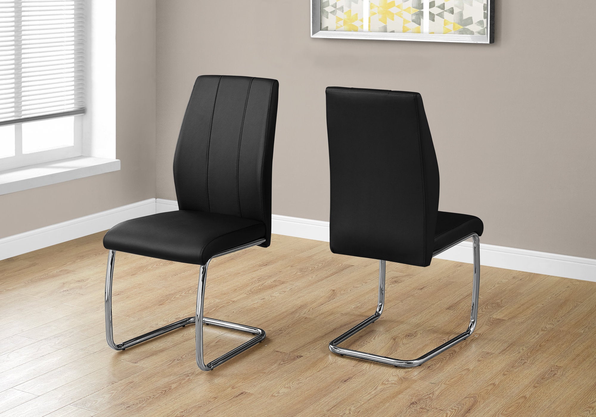 MN-401076    Dining Chair, Set Of 2, Side, Pu Leather-Look, Upholstered, Metal Legs, Kitchen, Dining Room, Faux Leather, Metal Legs, Black, Chrome, Contemporary, Modern