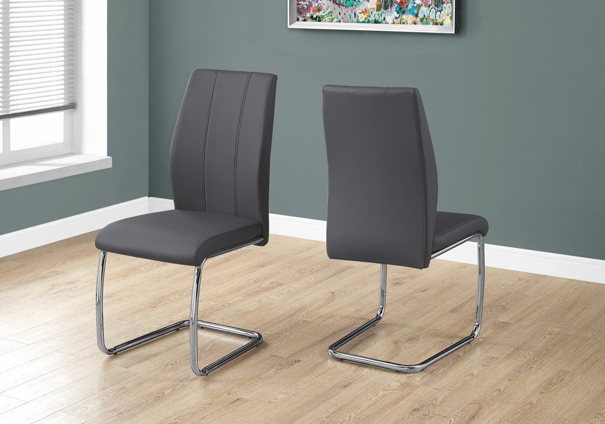 MN-411077    Dining Chair, Set Of 2, Side, Pu Leather-Look, Upholstered, Metal Legs, Kitchen, Dining Room, Velvet, Metal Legs, Grey, Chrome, Contemporary, Modern