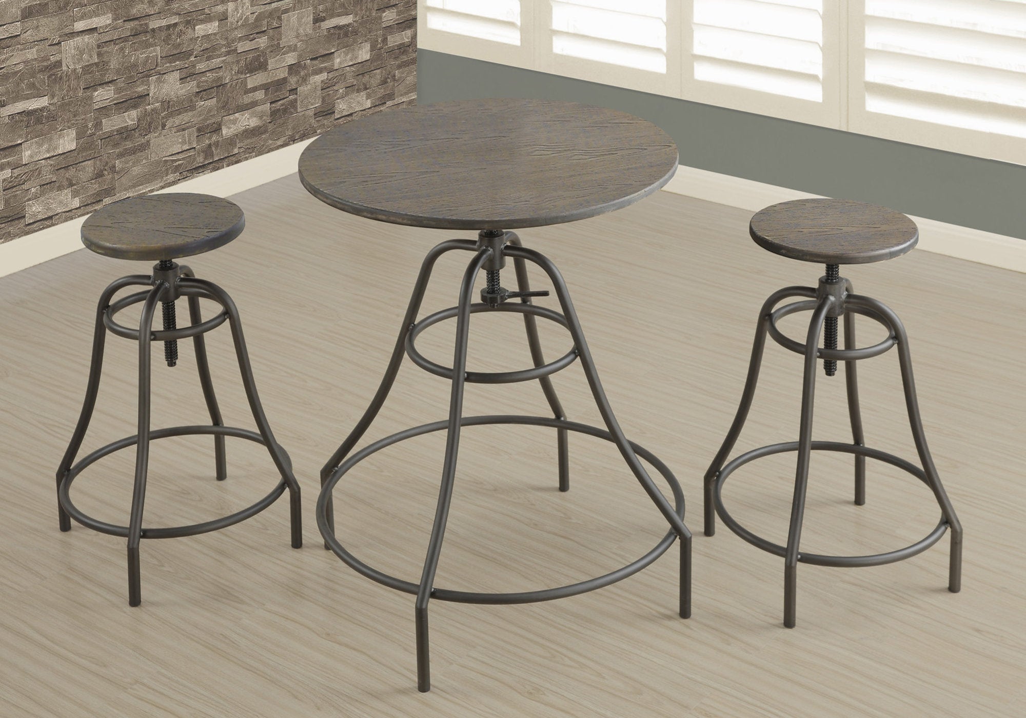 MN-421085    Dining Table Set, 3Pcs Set, Metal, Small, 28" Round, Pub Height, Kitchen, Metal, Laminate, Brown, Industrial, Rustic
