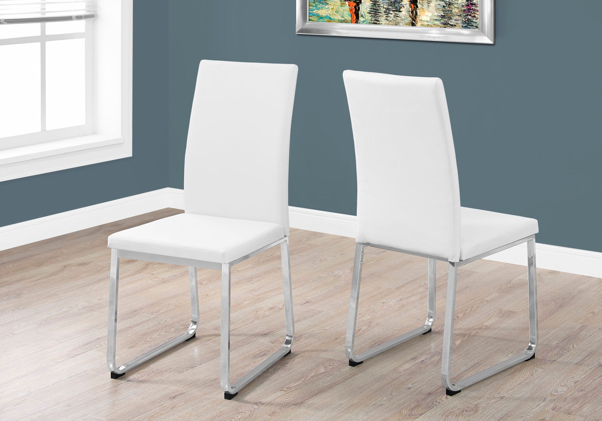 MN-481093    Dining Chair, Set Of 2, Side, Pu Leather-Look, Upholstered, Metal Legs, Kitchen, Dining Room, Leather Look, Metal Legs, White, Chrome, Contemporary, Modern