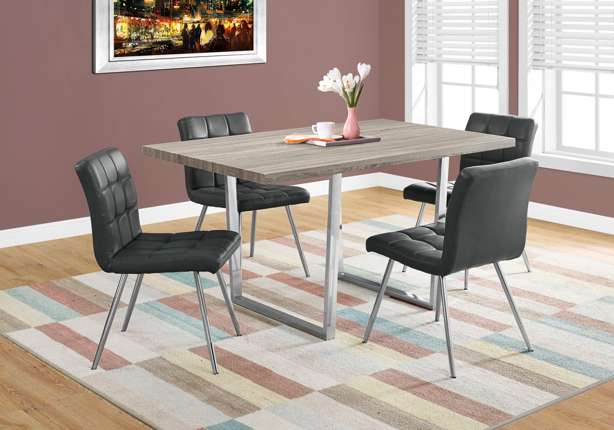 MN-611121    Dining Table, 60" Rectangular, Metal, Kitchen, Dining Room, Metal Legs, Laminate, Dark Taupe, Chrome, Contemporary, Modern