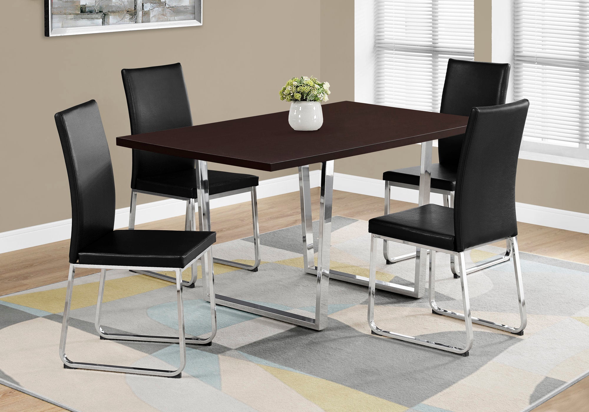 MN-621122    Dining Table, 60" Rectangular, Metal, Kitchen, Dining Room, Metal Legs, Laminate, Dark Brown, Chrome, Contemporary, Modern