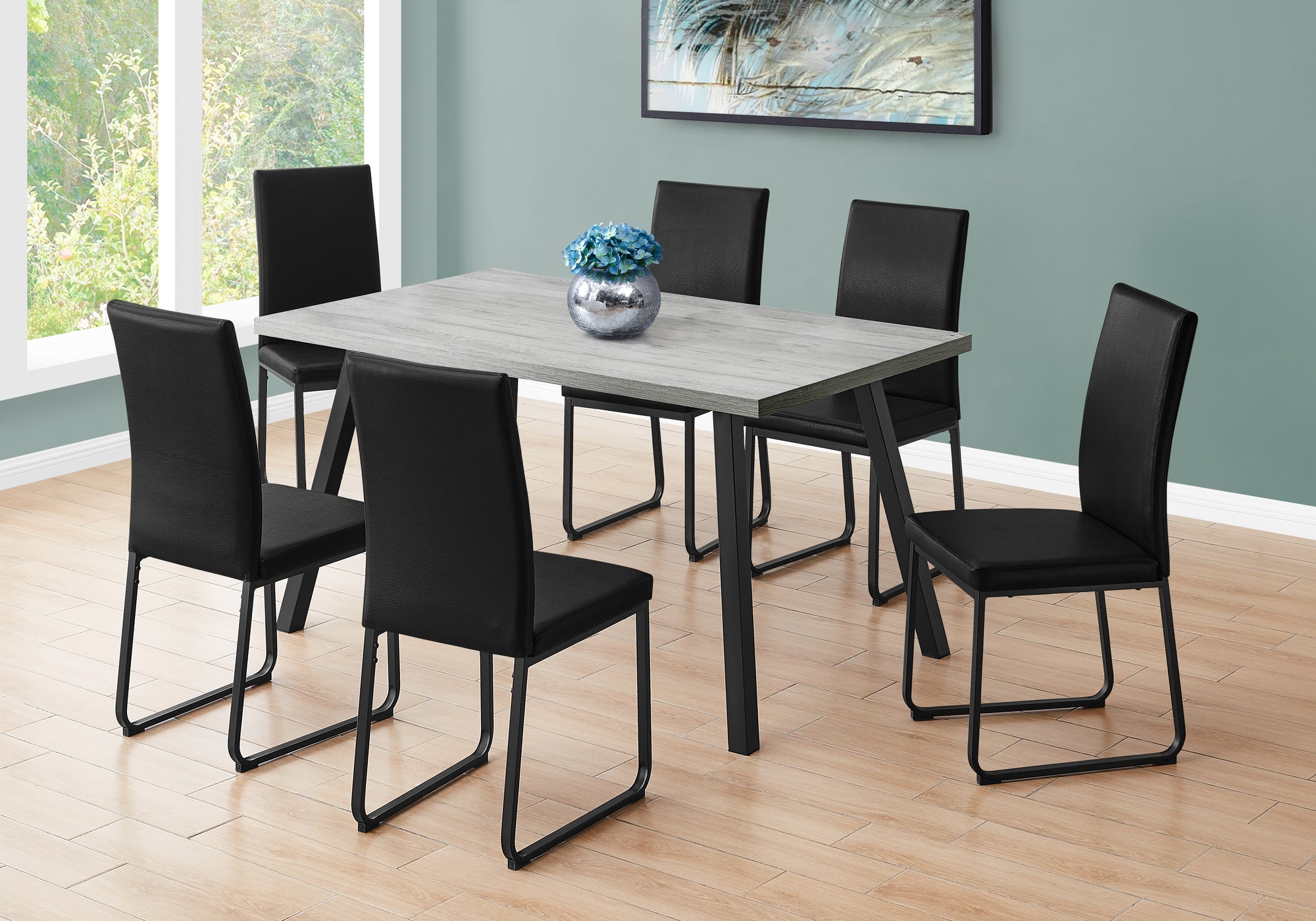 MN-651136    Dining Table, 60" Rectangular, Metal, Kitchen, Dining Room, Metal Legs, Laminate, Grey, Black, Contemporary, Modern