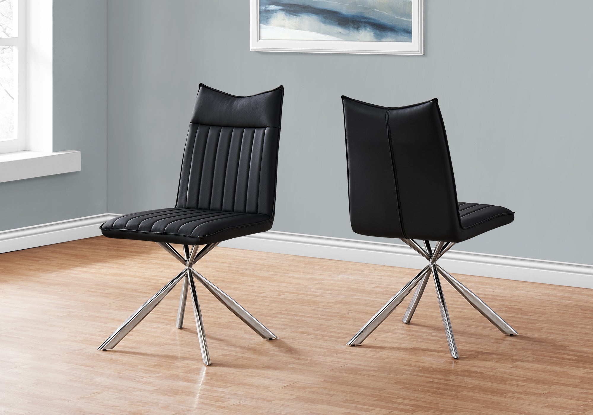 MN-921213    Dining Chair, Set Of 2, Side, Pu Leather-Look, Upholstered, Metal Legs, Kitchen, Dining Room, Leather Look, Metal Legs, Black, Chrome, Contemporary, Modern