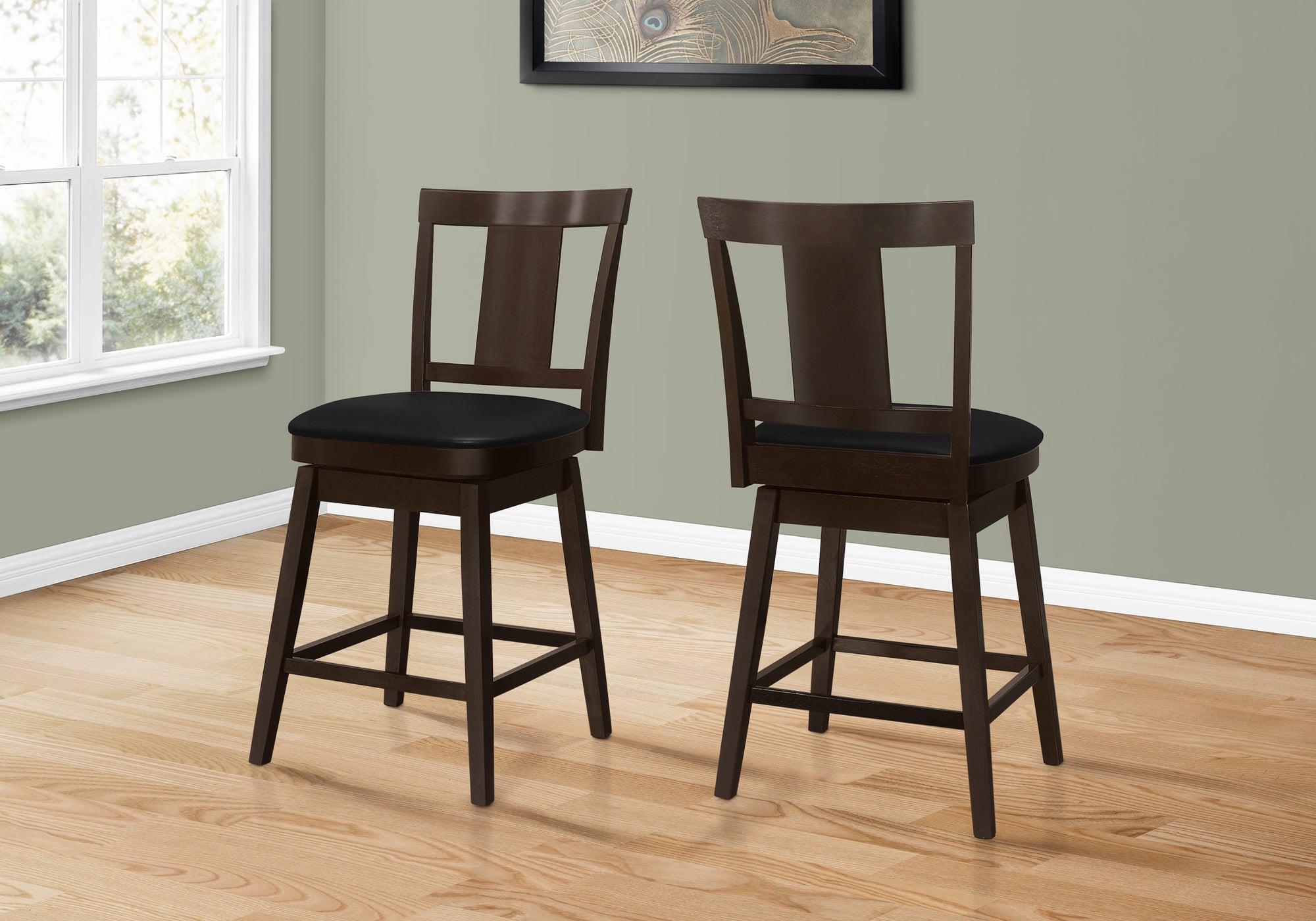 MN-971231    Bar Stool, Set Of 2, Swivel, Counter Height, Wood, Leather Look, Dark Brown, Black, Traditional