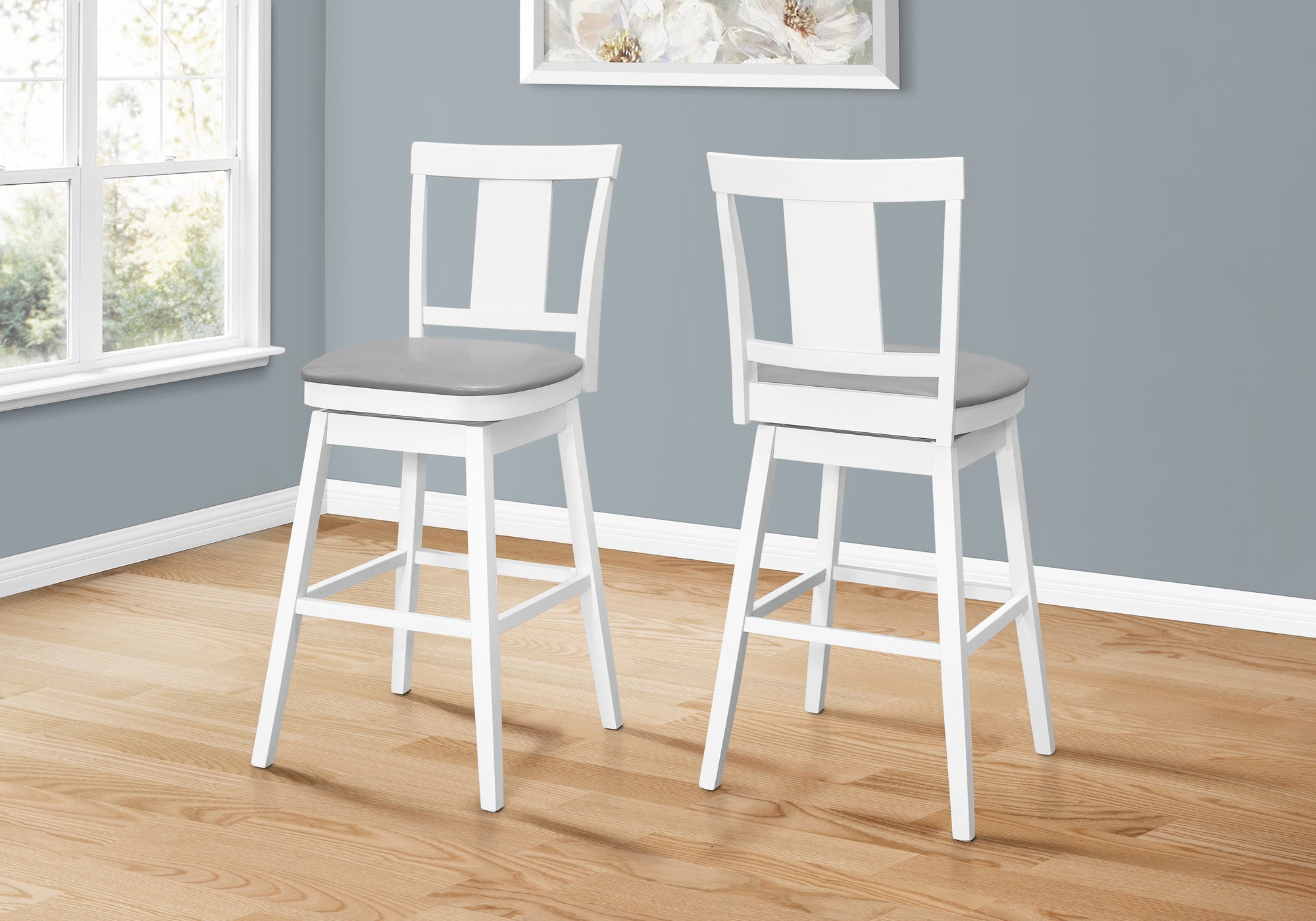 MN-981232    Bar Stool, Set Of 2, Swivel, Bar Height, Wood, Leather Look, White, Traditional