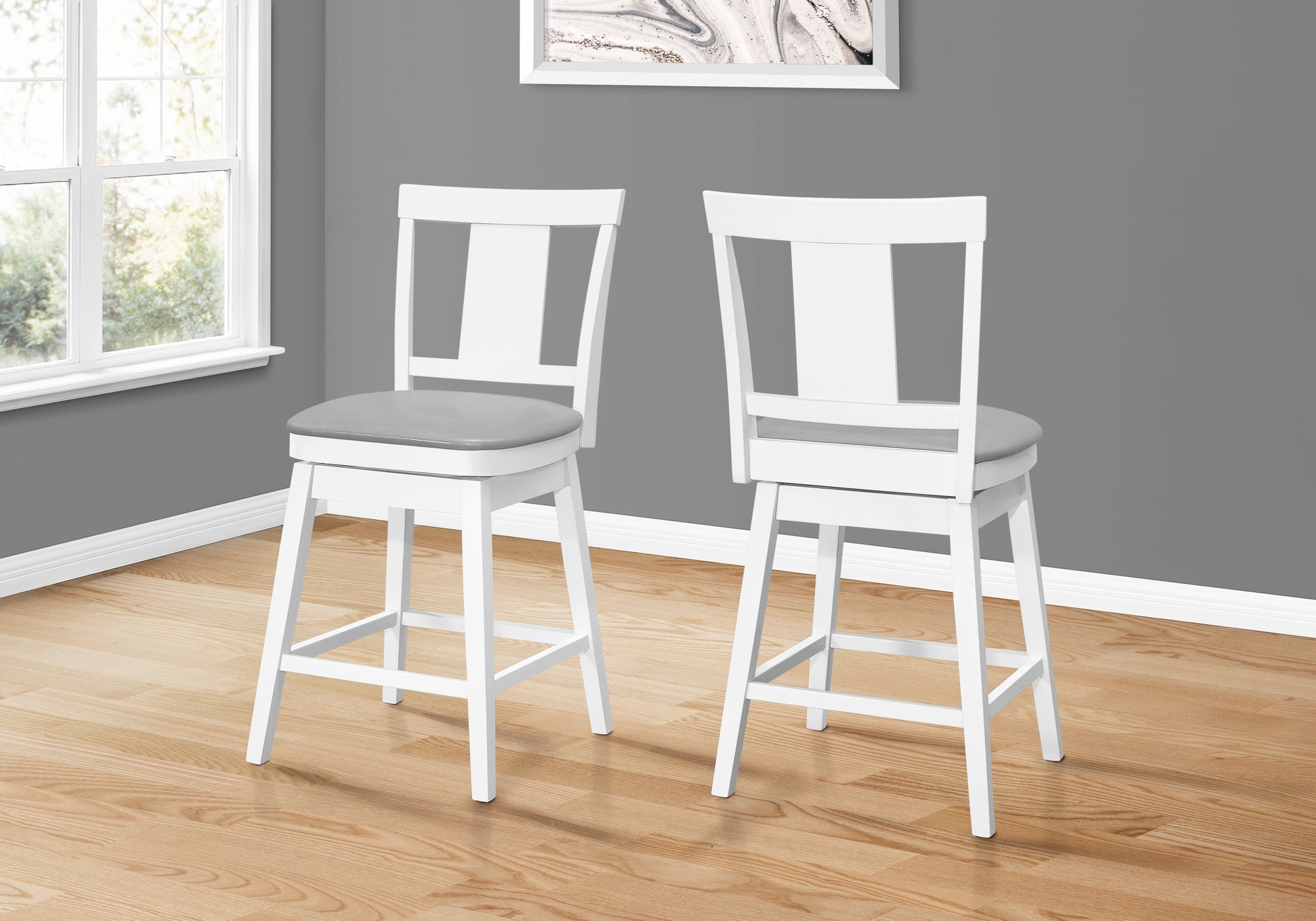 MN-991233    Bar Stool, Set Of 2, Swivel, Counter Height, Wood, Leather Look, White, Traditional
