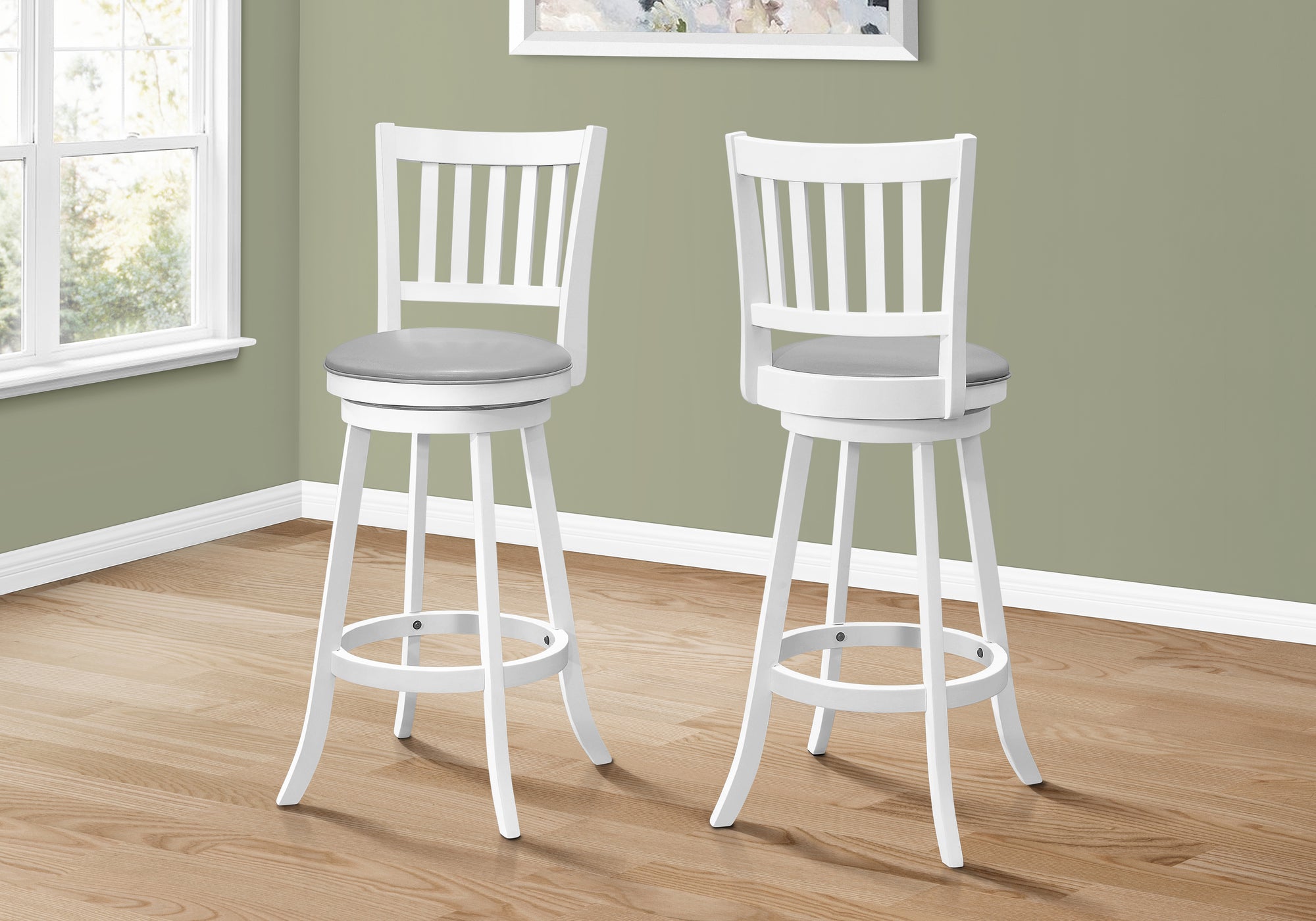 MN-121238    Bar Stool, Set Of 2, Swivel, Bar Height, Wood, Leather Look, White, Traditional