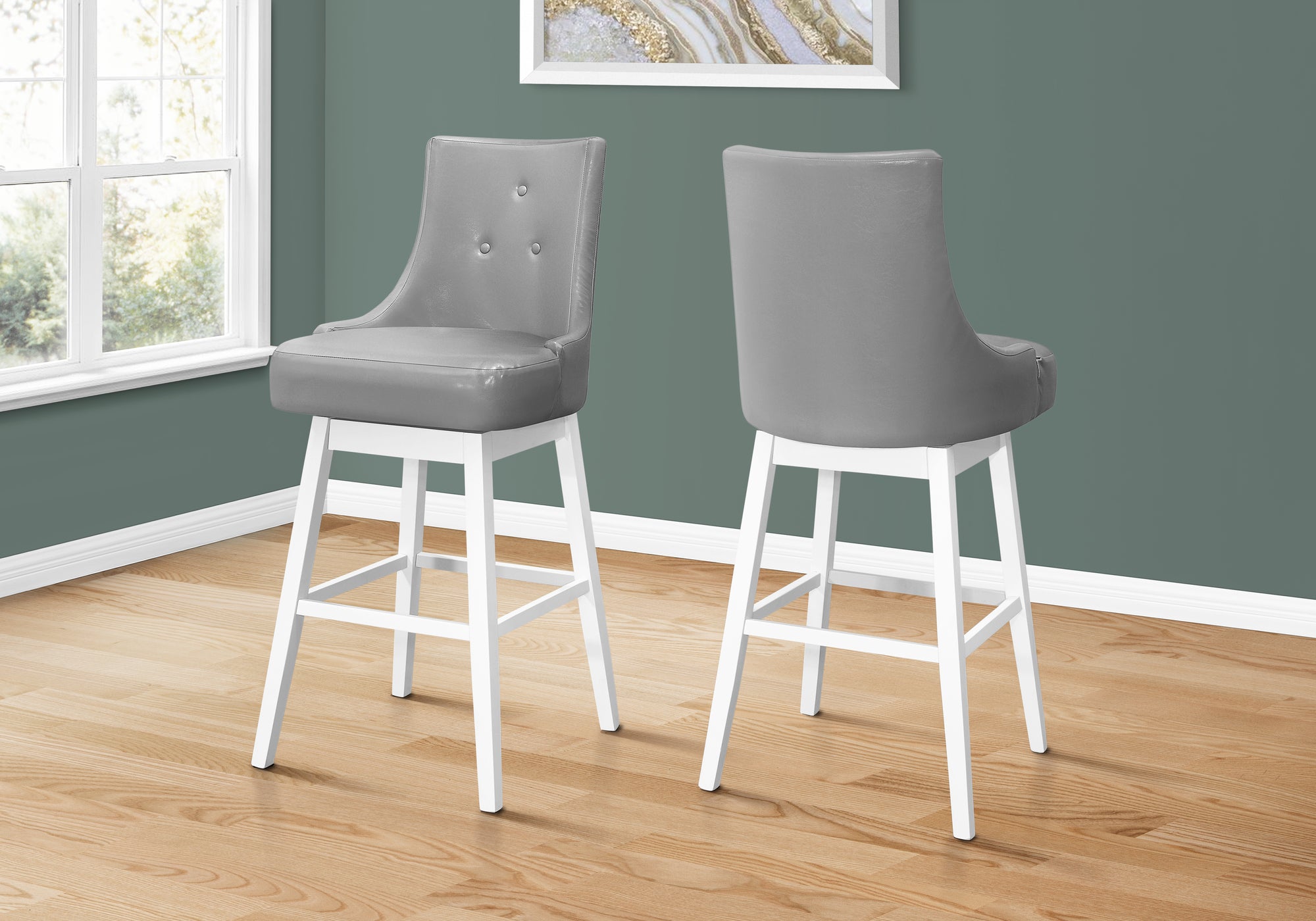 MN-151243    Bar Stool, Set Of 2, Swivel, Bar Height, Solid Wood, Leather Look, Grey, Transitional