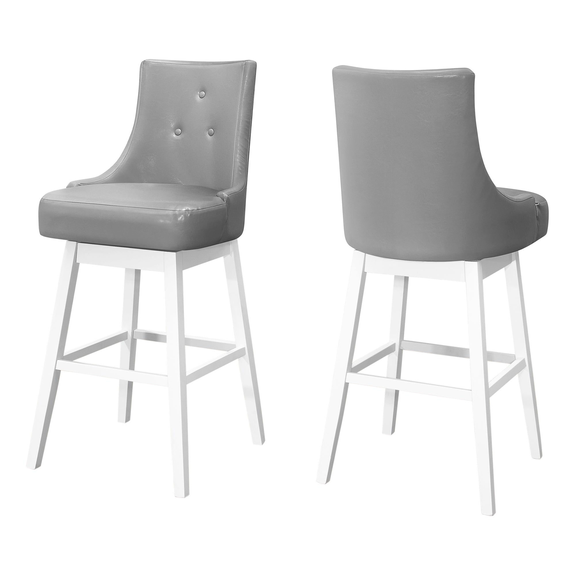 MN-151243    Bar Stool, Set Of 2, Swivel, Bar Height, Solid Wood, Leather Look, Grey, Transitional
