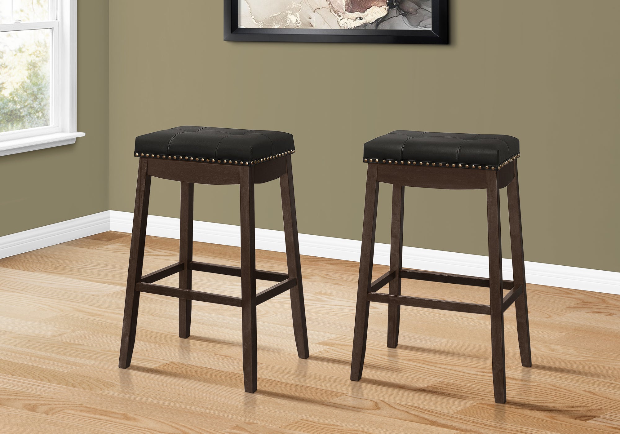 MN-181260    Bar Stool, Set Of 2, Bar Height, Saddle Seat, Solid Wood, Leather Look, Black, Espresso, Traditional