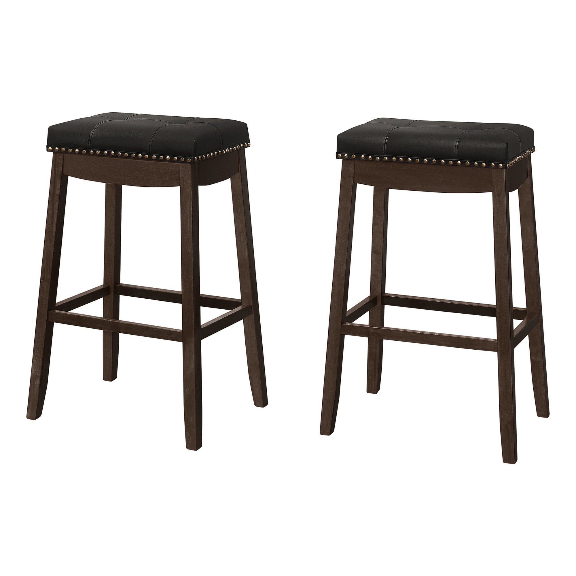 MN-181260    Bar Stool, Set Of 2, Bar Height, Saddle Seat, Solid Wood, Leather Look, Black, Espresso, Traditional