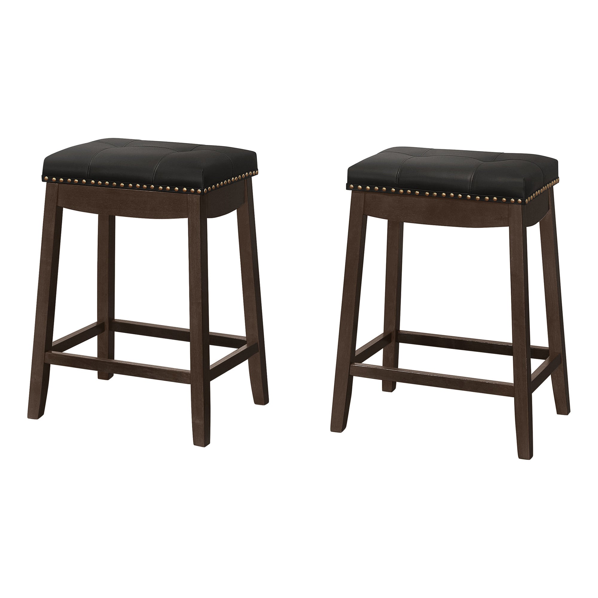 MN-191261    Barstool - Set Of 2 / Tufted / Nailhead Trim / Upholstered / Counter Height - 24"H - Espresso / Black Leather-Look / Brass