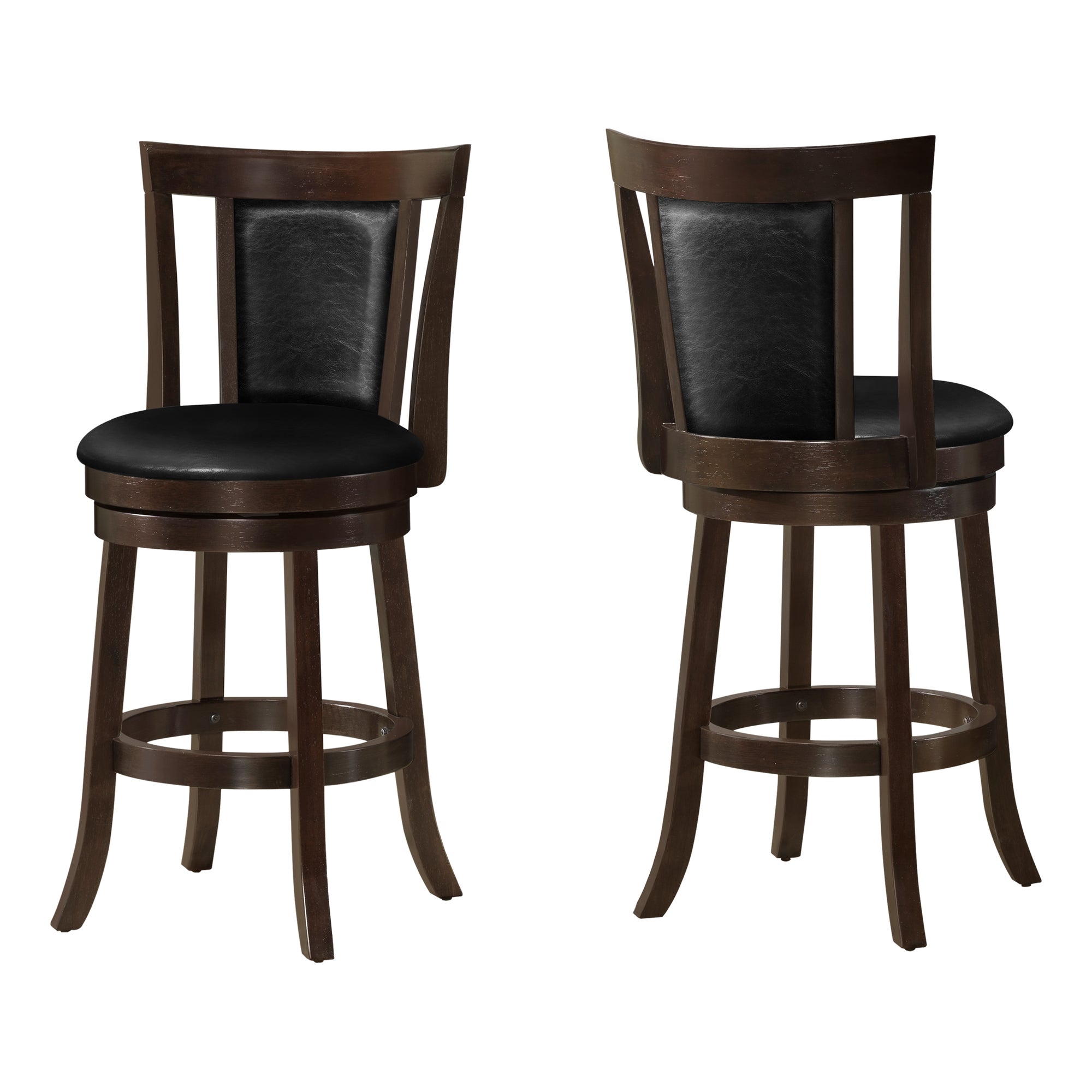 MN-221288    Bar Stool, Set Of 2, Swivel, Counter Height, Wood, Leather Look, Dark Brown, Black, Transitional
