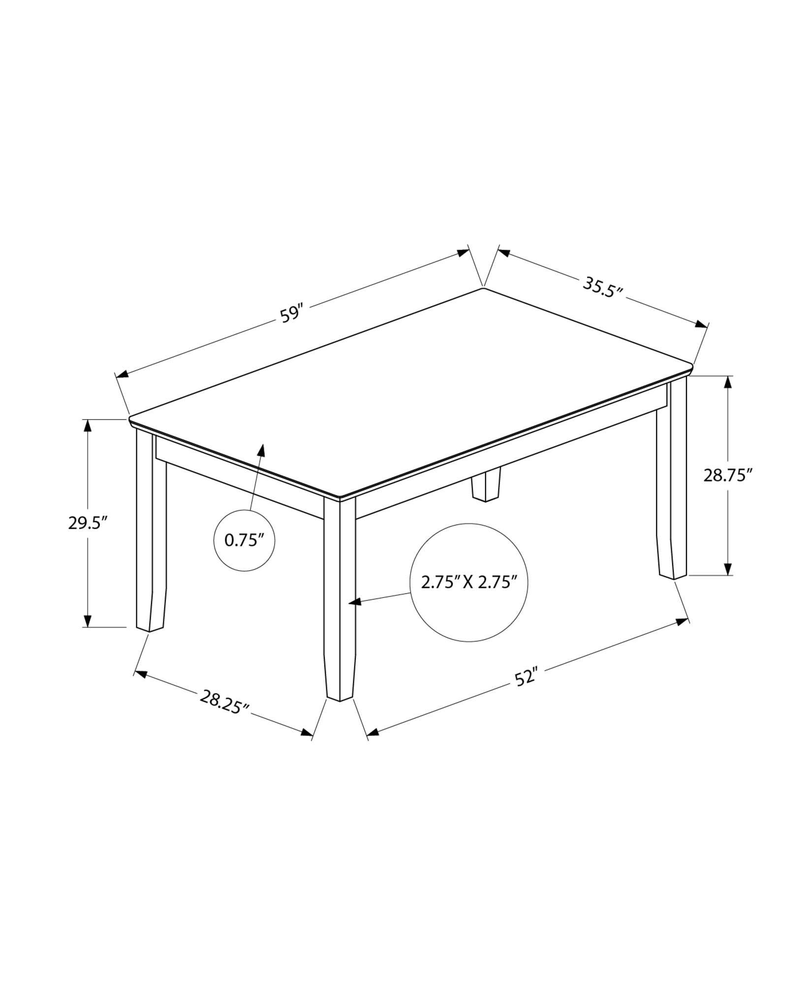 MN-321370    Dining Table, 60" Rectangular, Veneer Top, Solid Wood Legs, Dining Room, Kitchen, Brown Veneer, Brown Wood, Transitional
