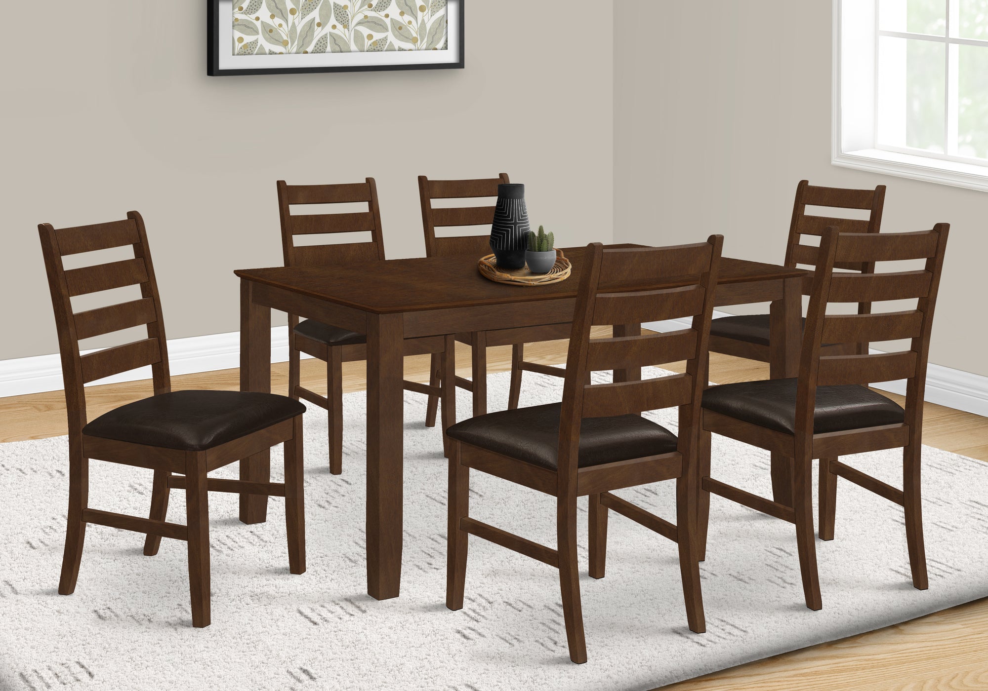 MN-321370    Dining Table, 60" Rectangular, Veneer Top, Solid Wood Legs, Dining Room, Kitchen, Brown Veneer, Brown Wood, Transitional
