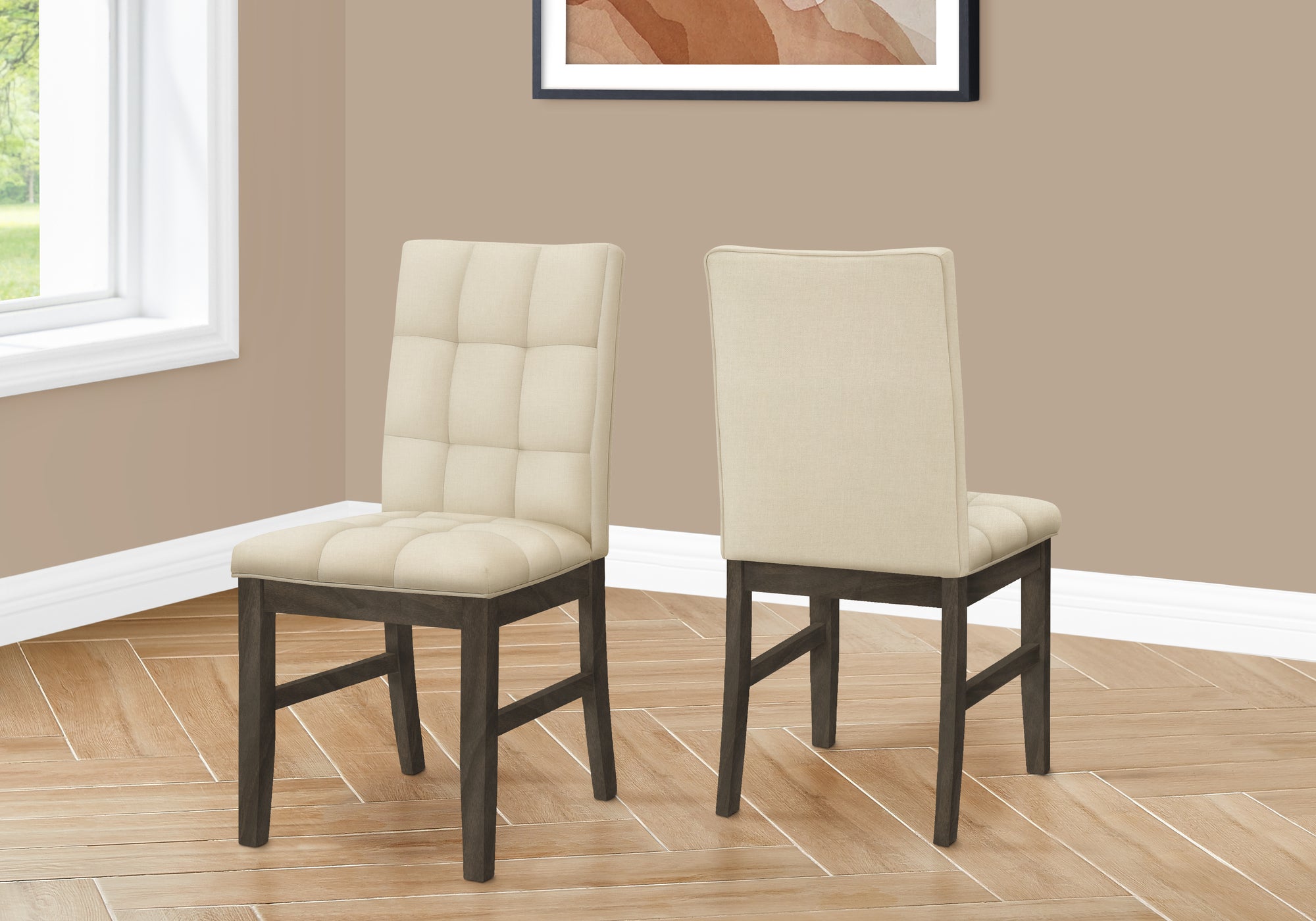 MN-371376    Dining Chair, 37" Height, Set Of 2, Upholstered, Dining Room, Kitchen, Cream Fabric, Grey Solid Wood, Transitional