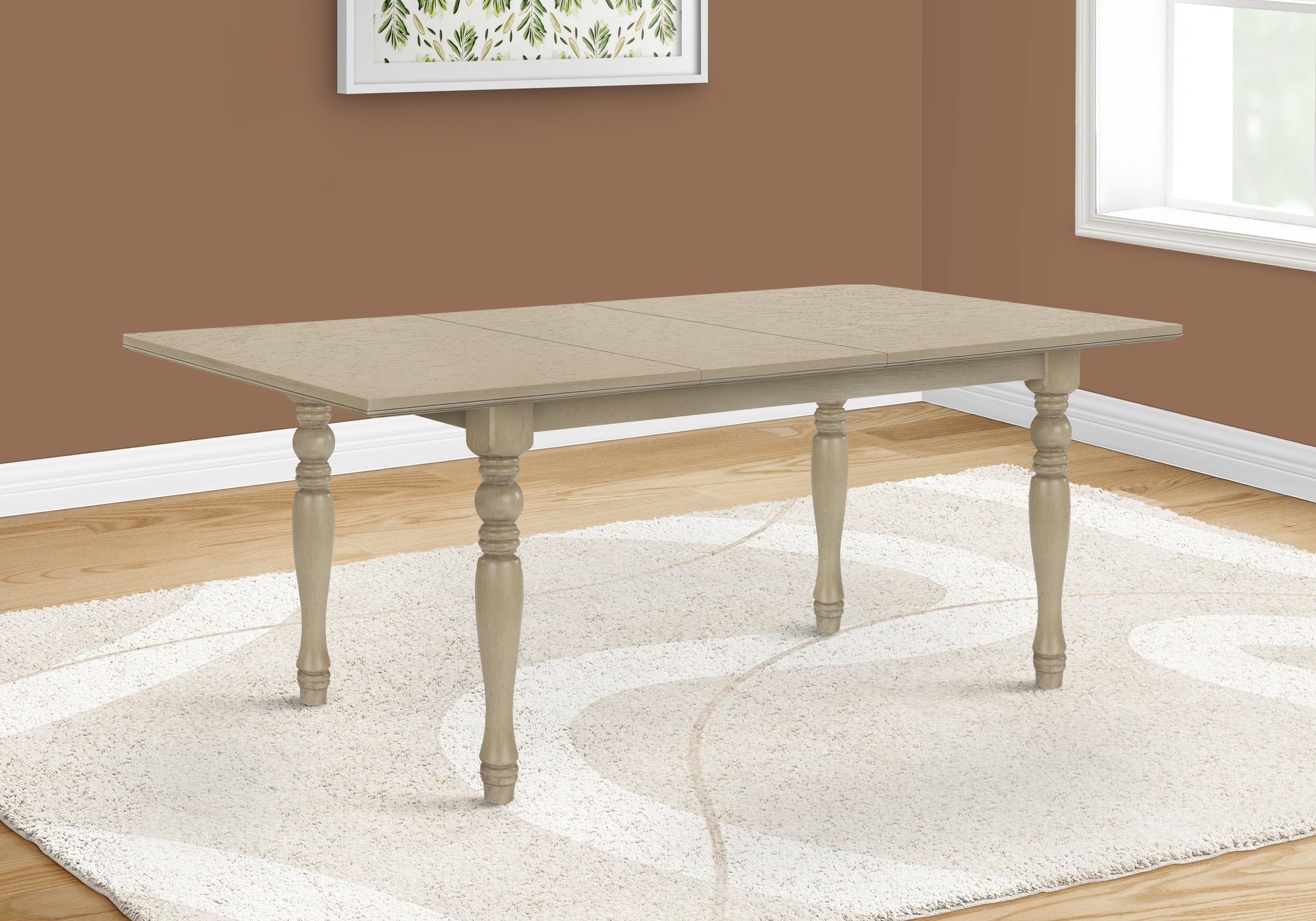 MN-401391    Dining Table, 78" Rectangular, 18" Extension Panel, Veneer Top, Solid Wood Legs, Dining Room, Kitchen, Antique Grey Veneer, Wood Legs, Transitional
