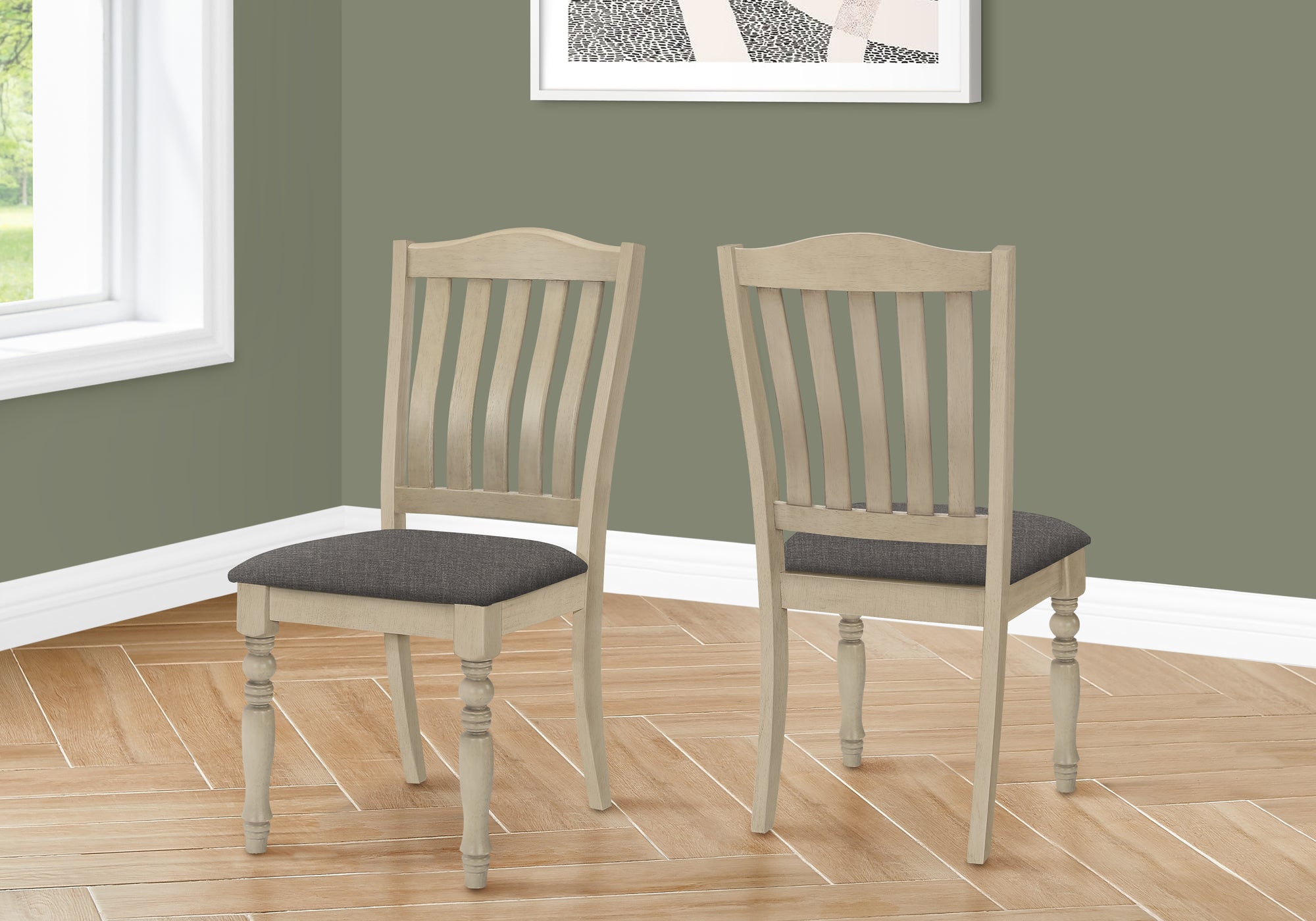 MN-411392    Dining Chair, 39" Height, Set Of 2, Upholstered, Dining Room, Kitchen, Side, Antique Grey, Grey Fabric, Wood Legs, Transitional