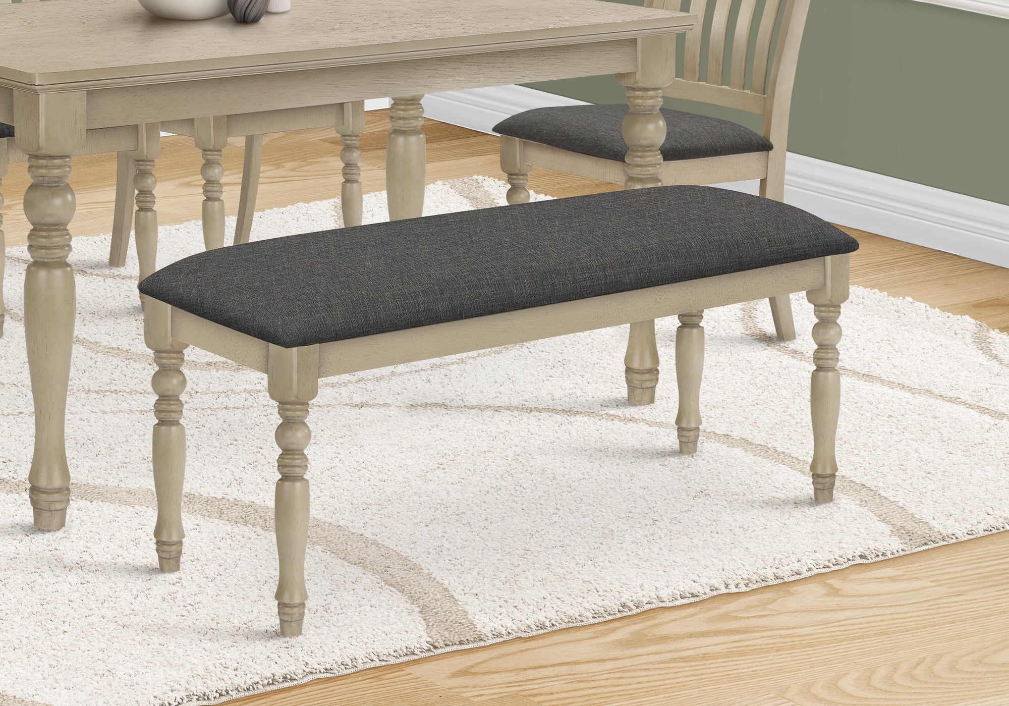 MN-421393    Bench, 48" Rectangular, Upholstered, Wood, Entryway, Dining Room, Kitchen, Antique Grey, Grey Fabric, Grey Solid Wood, Transitional