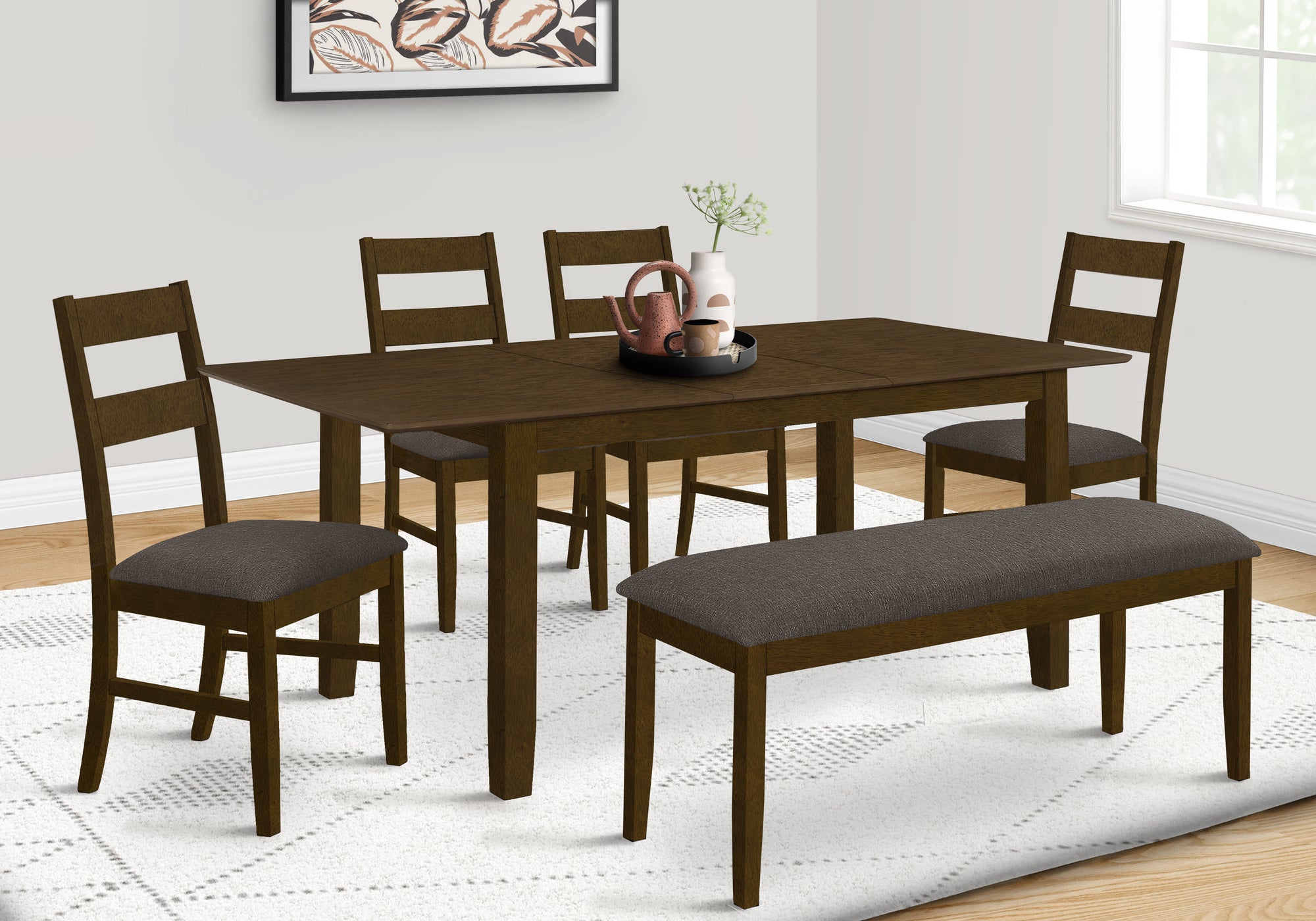 MN-431395    Dining Table, 72" Rectangular, 18" Extension Panel, Veneer Top, Solid Wood Legs, Dining Room, Kitchen, Brown Veneer, Wood Legs, Transitional