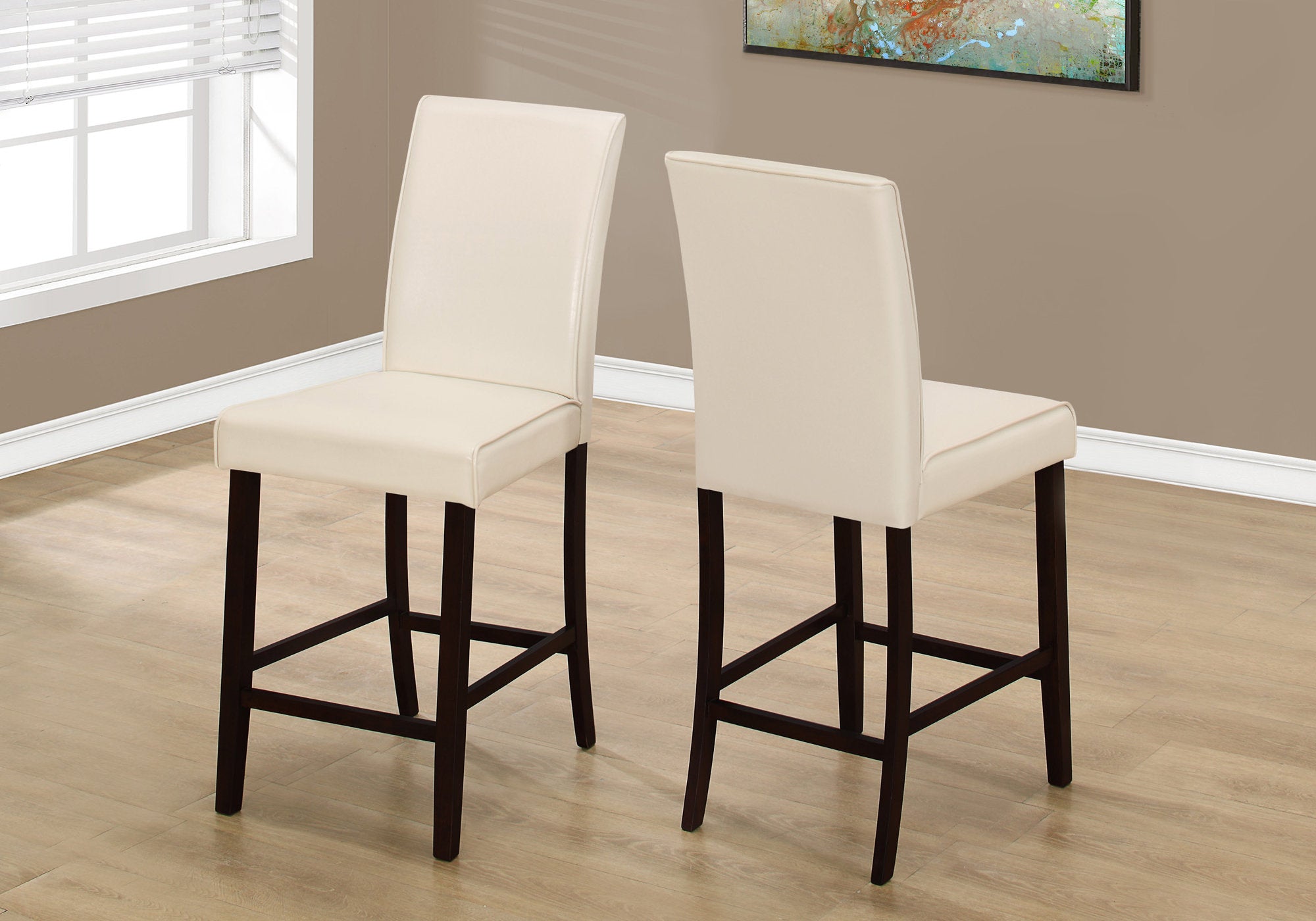 MN-431903    Dining Chair, Set Of 2, Counter Height, Pu Leather-Look, Upholstered, Wood Legs, Kitchen, Leather Look, Wooden Legs, Beige, Dark Brown, Contemporary, Modern