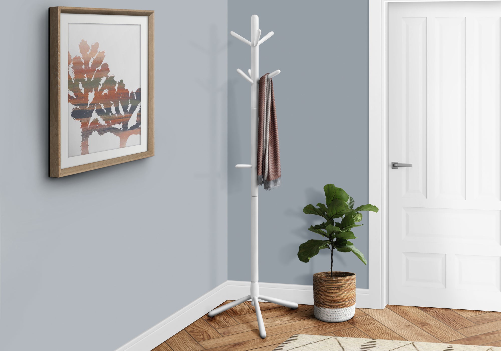 MN-452002    Coat Rack, Hall Tree, Free Standing, 9 Hooks, Entryway, 69"H, Wooden, White, Contemporary, Modern