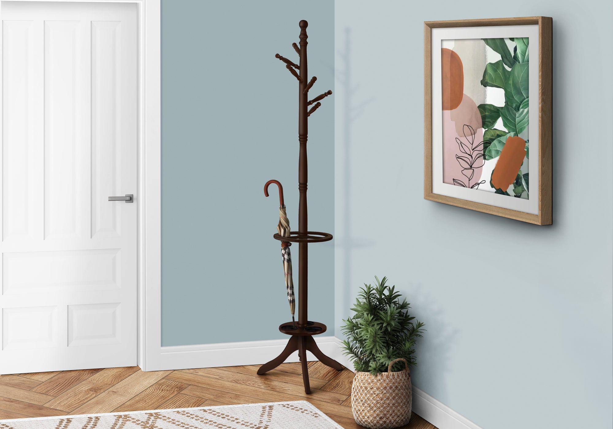 MN-482005    Coat Rack, Hall Tree, Free Standing, 6 Hooks, Entryway, 71"H, Umbrella Holder, Wooden, Cherry, Traditional