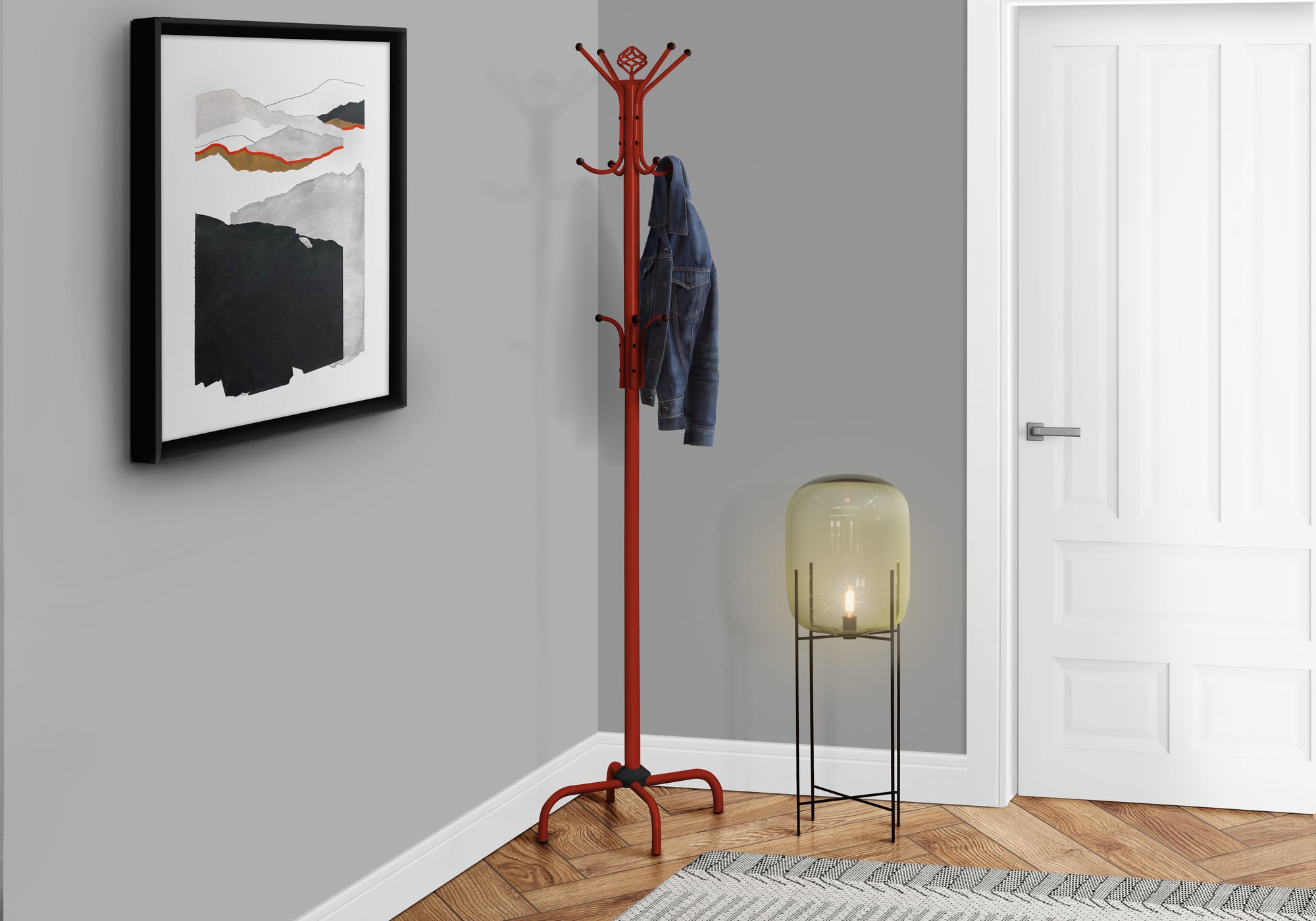 MN-512008    Coat Rack, Hall Tree, Free Standing, 12 Hooks, Entryway, 70"H, Metal, Red, Contemporary, Modern