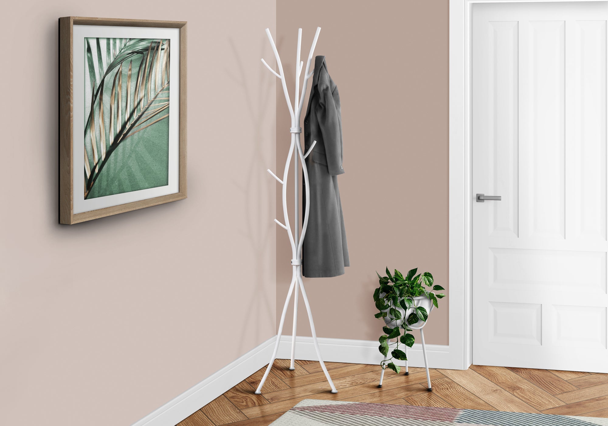 MN-762063    Coat Rack, Hall Tree, Free Standing, 11 Hooks, Entryway, 74"H, Metal, White, Contemporary, Modern
