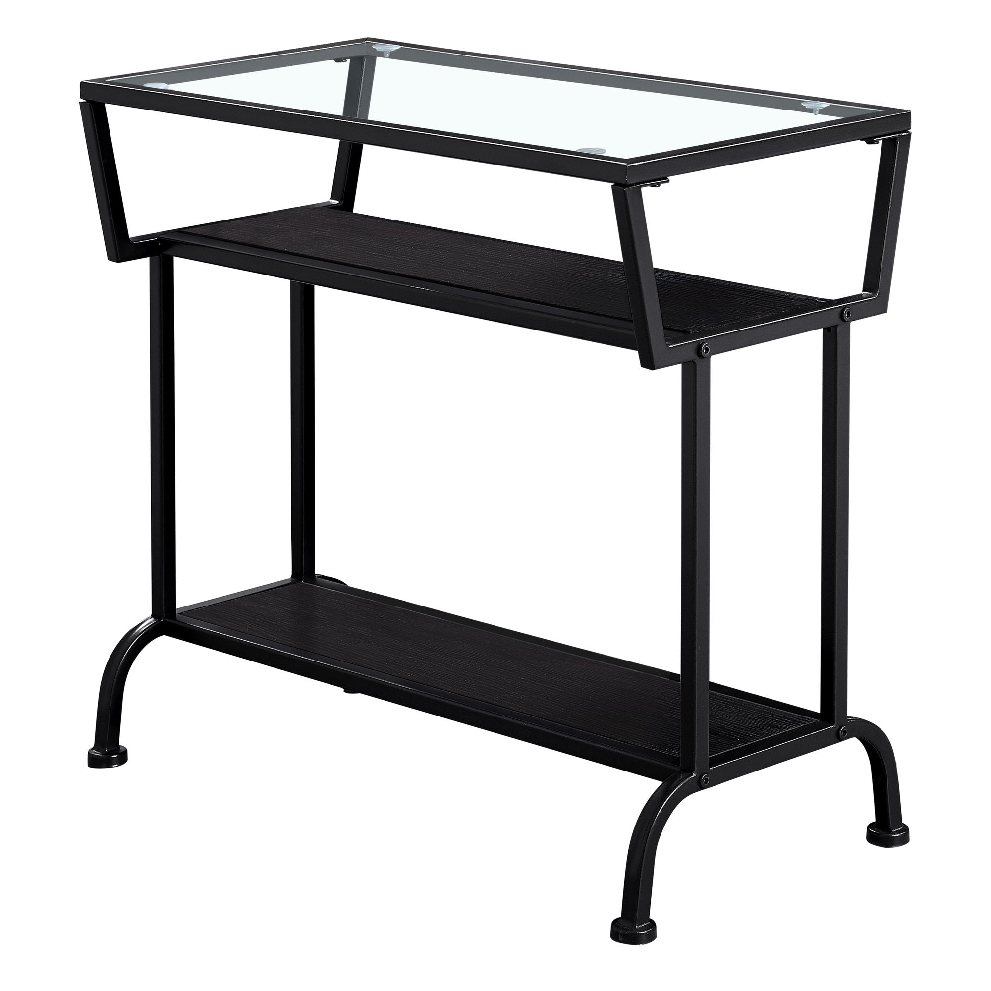MN-782066    Accent Table, Side, End, Narrow, Small, Living Room, Bedroom, 2 Tier, Metal Base, Tempered Glass, Laminate, Dark Brown, Black, Contemporary, Modern