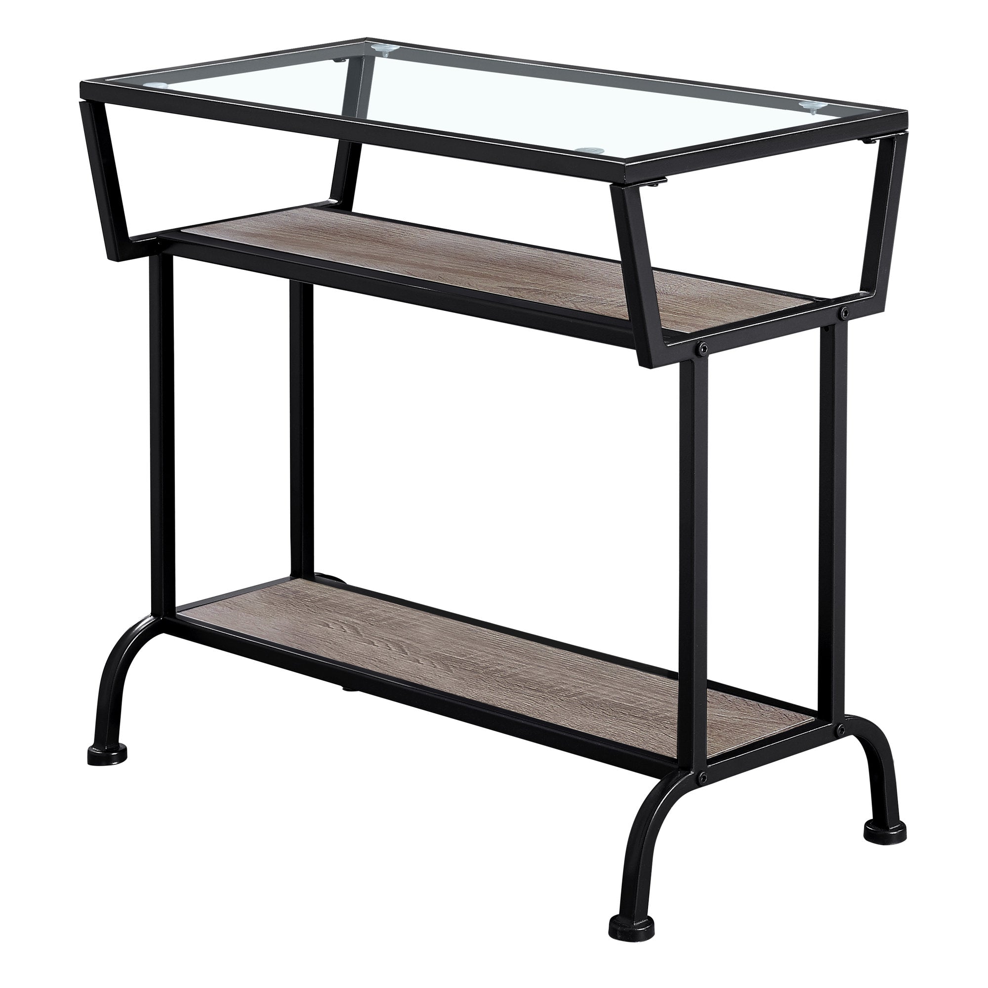 MN-792067    Accent Table, Side, End, Narrow, Small, Living Room, Bedroom, 2 Tier, Metal Base, Tempered Glass, Laminate, Dark Taupe, Black, Contemporary, Modern